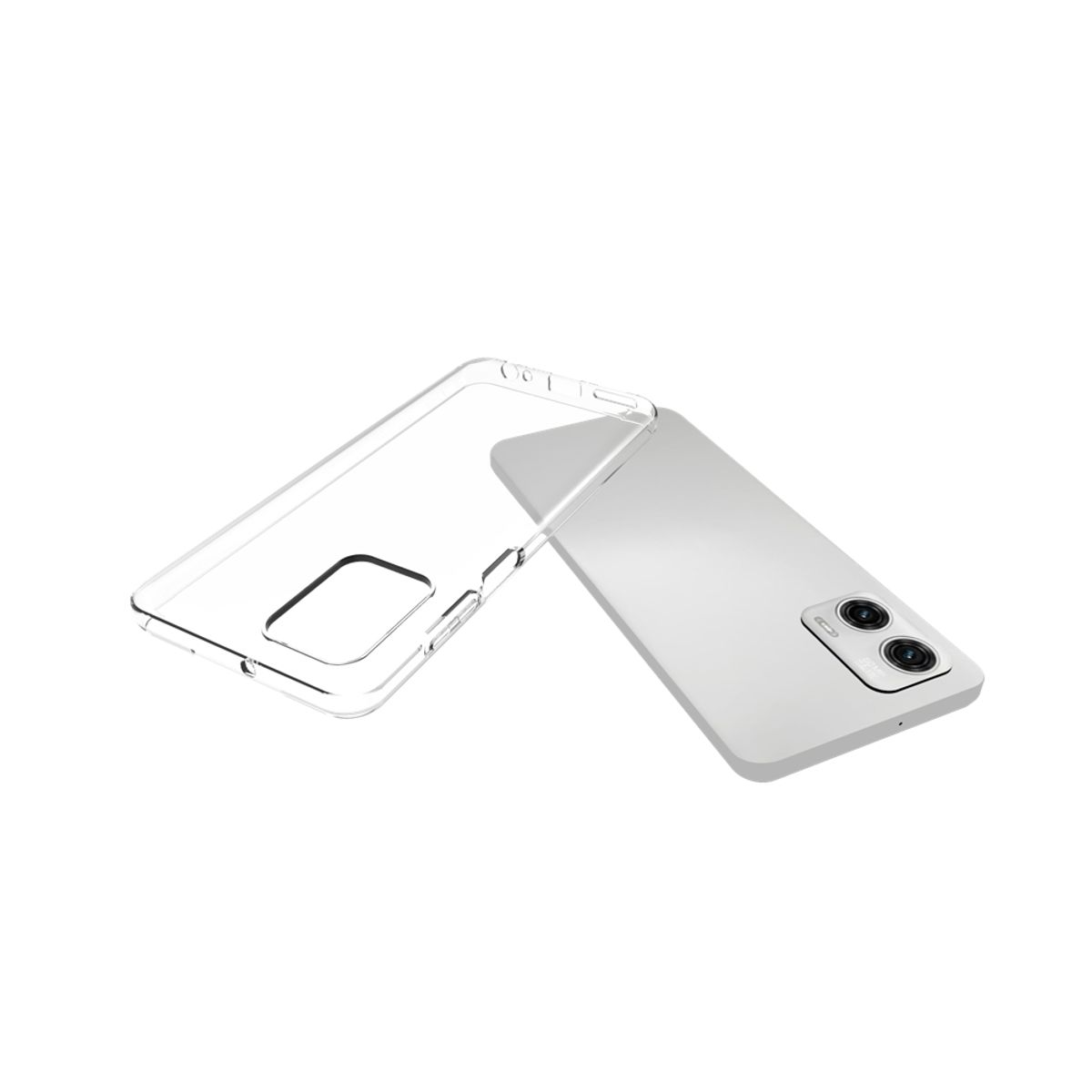 Eine transparente Handyhülle neben einem weißen Telefon mit Dual-Objektivkamera.