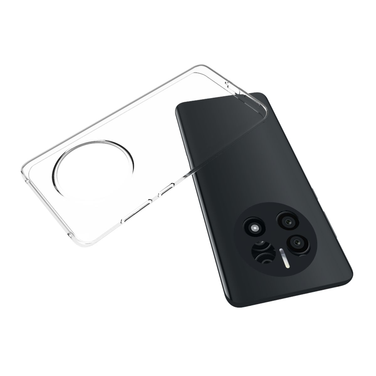 Transparente Handyhülle neben einem schwarzen Smartphone. Dreifach-Kamera auf der Rückseite sichtbar.