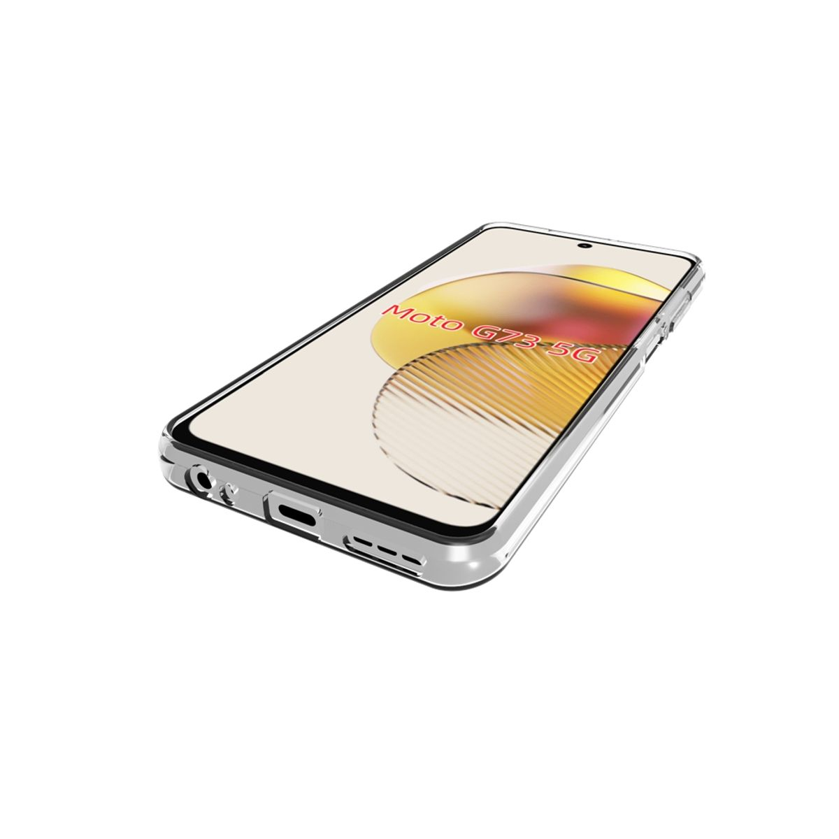 Silberne Handyhülle mit einem Telefon darin, das Telefon zeigt einen Bildschirm mit den Worten 'Moto G73-5G'.