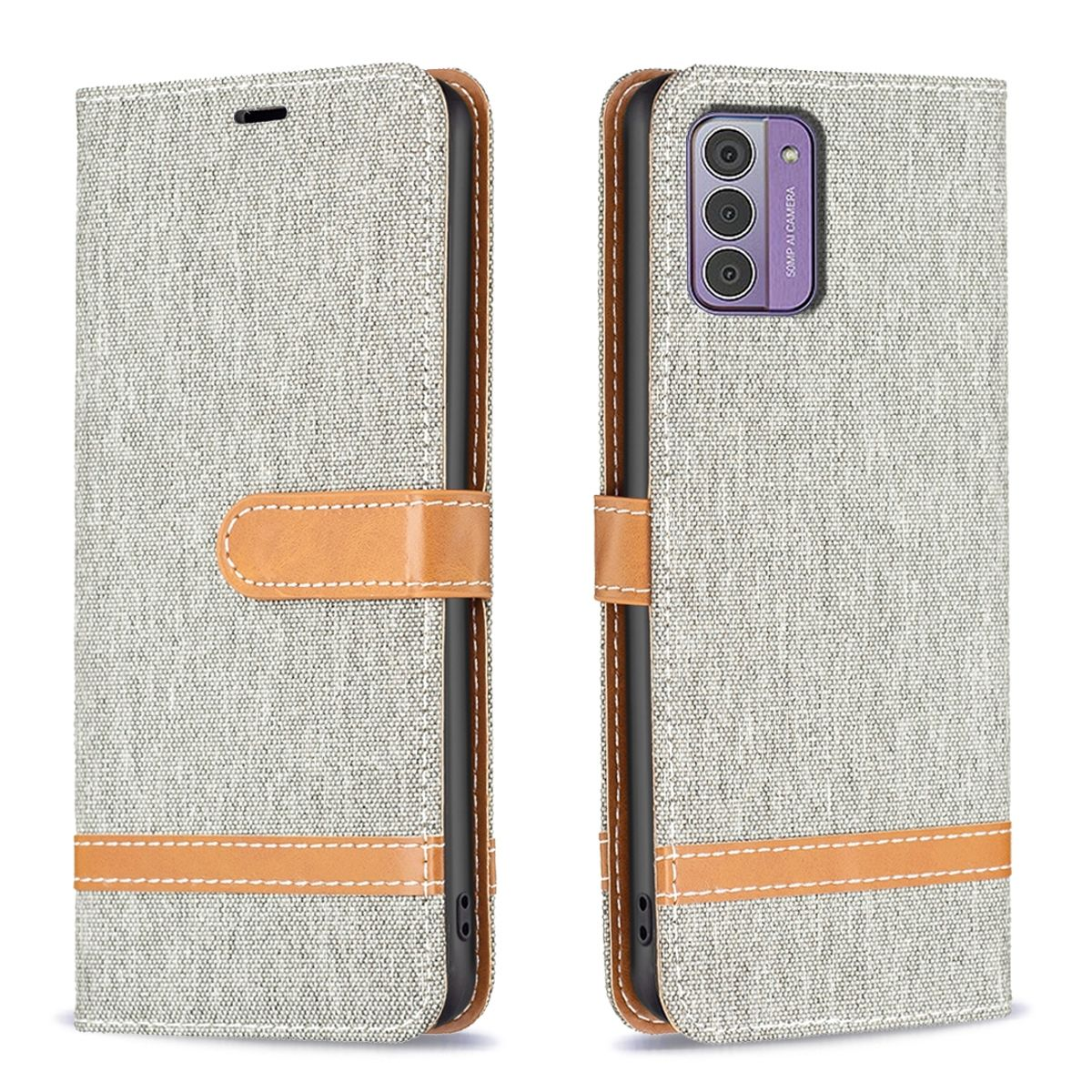 Ein Telefon in einer grauen Stoffhülle mit einem lederartigen braunen Riemen und Knopfverschluss.
