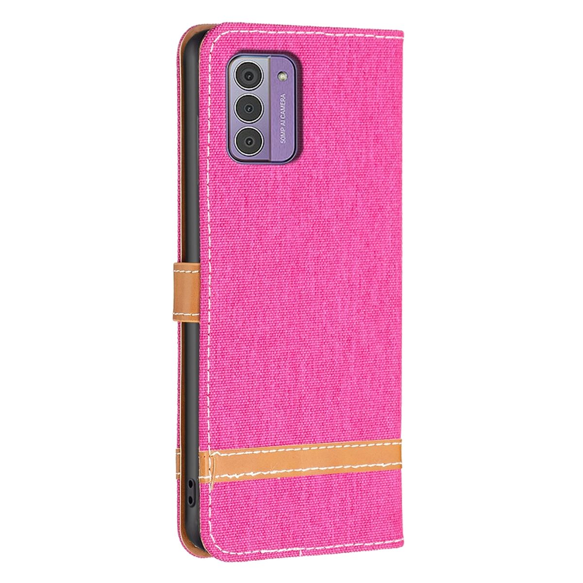 Rosa Handyhülle mit einem Telefon darin. Weißer Hintergrund.