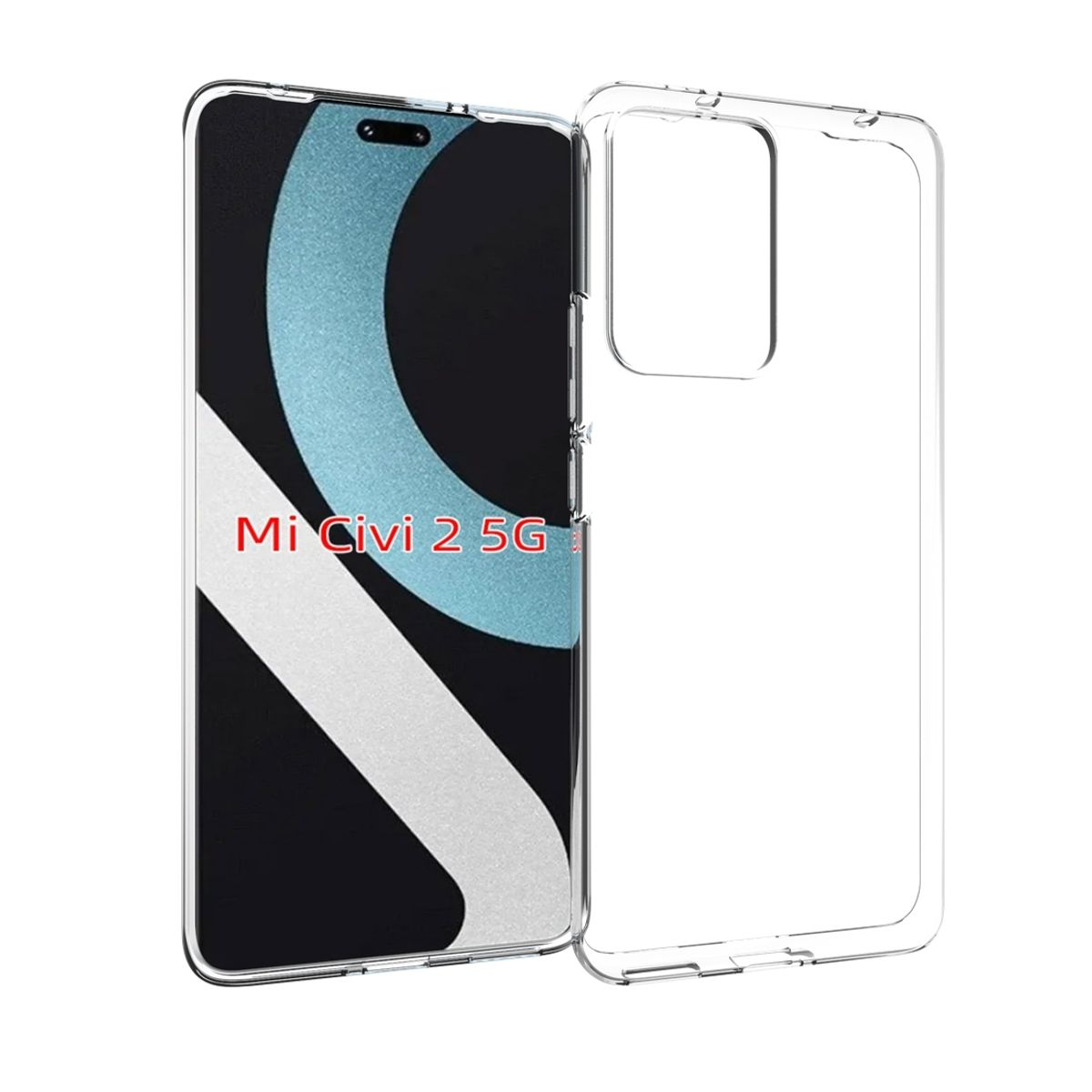 Transparente Handyhülle mit Telefon, das ein farbenfrohes Design zeigt. Text: Mi Civi 2 5G.