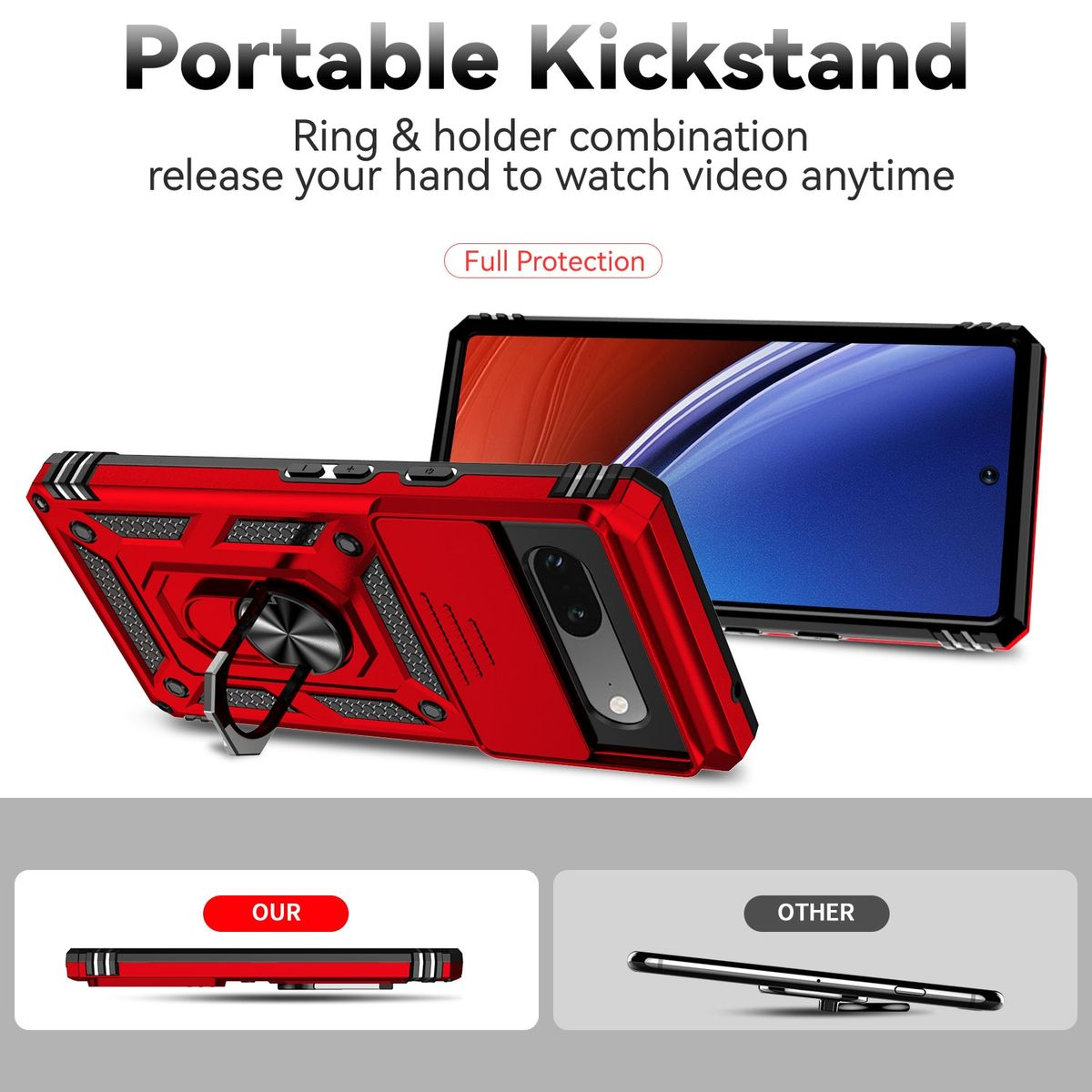 Rote Handyhülle mit Ringständer. Text: 'Portable Kickstand'. Ein Telefon und eine Hülle sind abgebildet.