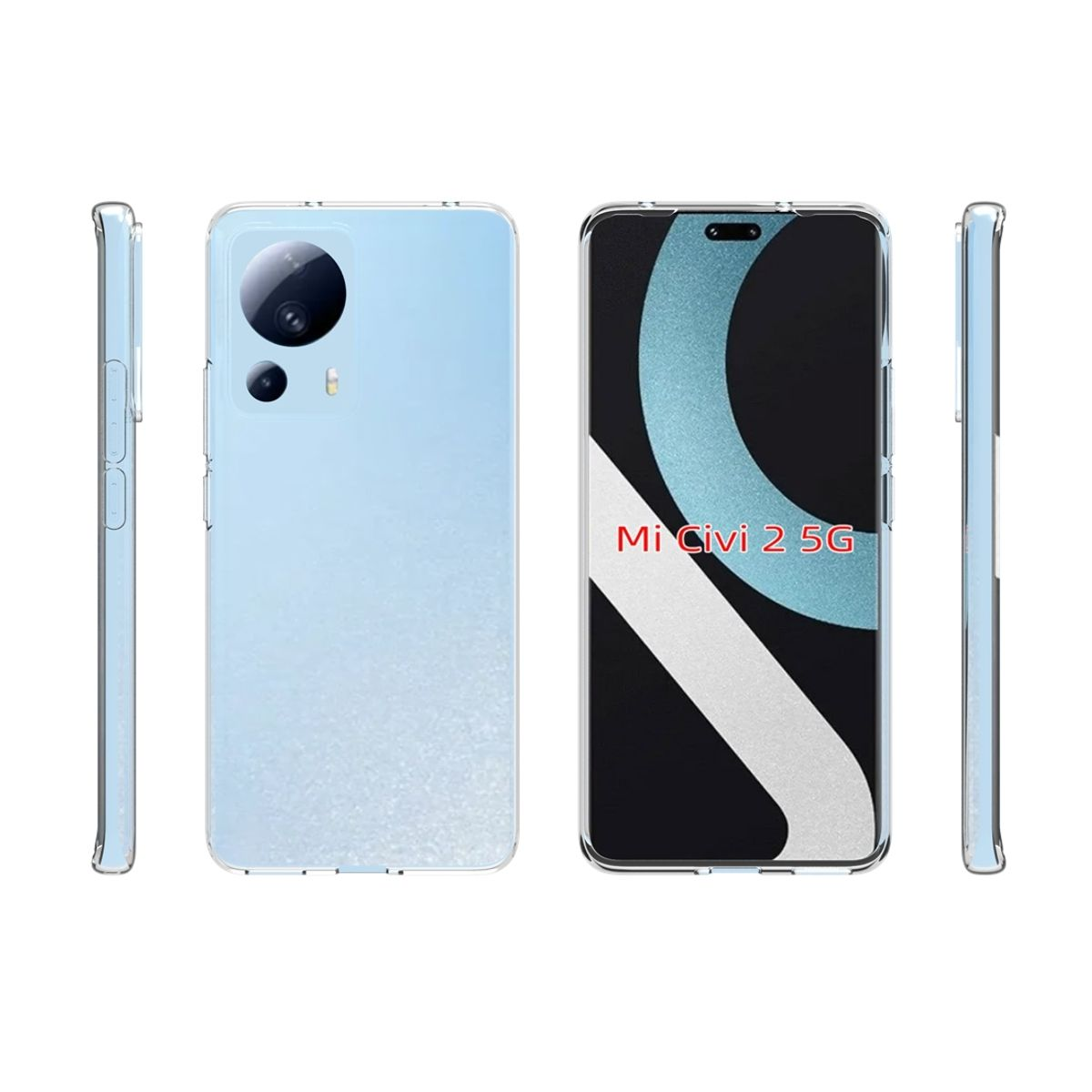 Telefon mit Schutzhülle. Blaues Telefon, Vorder-, Rück- und Seitenansicht. Text: Mi Civi 2 5G.