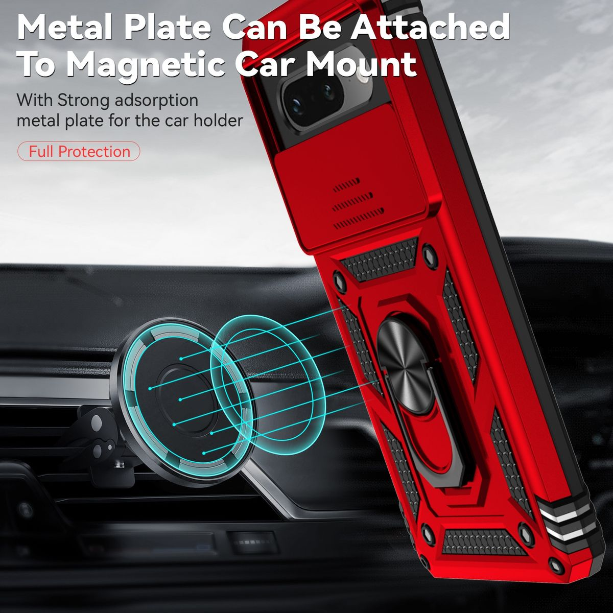 Rote Handyhülle mit Ring und Metallplatte. Text 'Metal Plate Can Be Attached...'. Auto-Innenraum sichtbar.