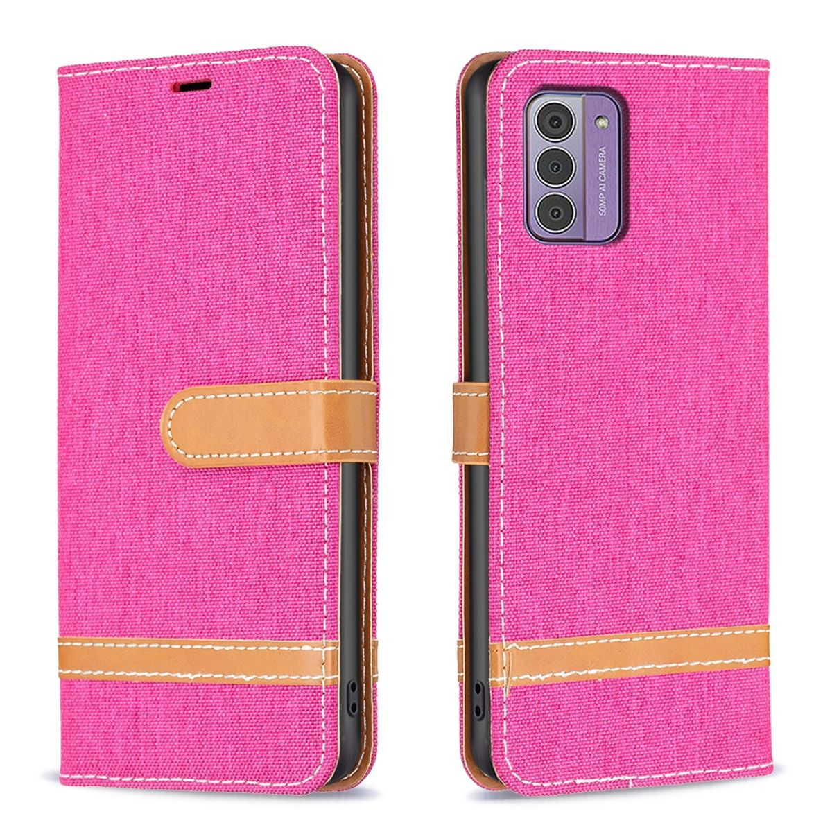 Rosa Handyhülle mit braunem Riemen und Telefon. Die Hülle ist aus Stoff.