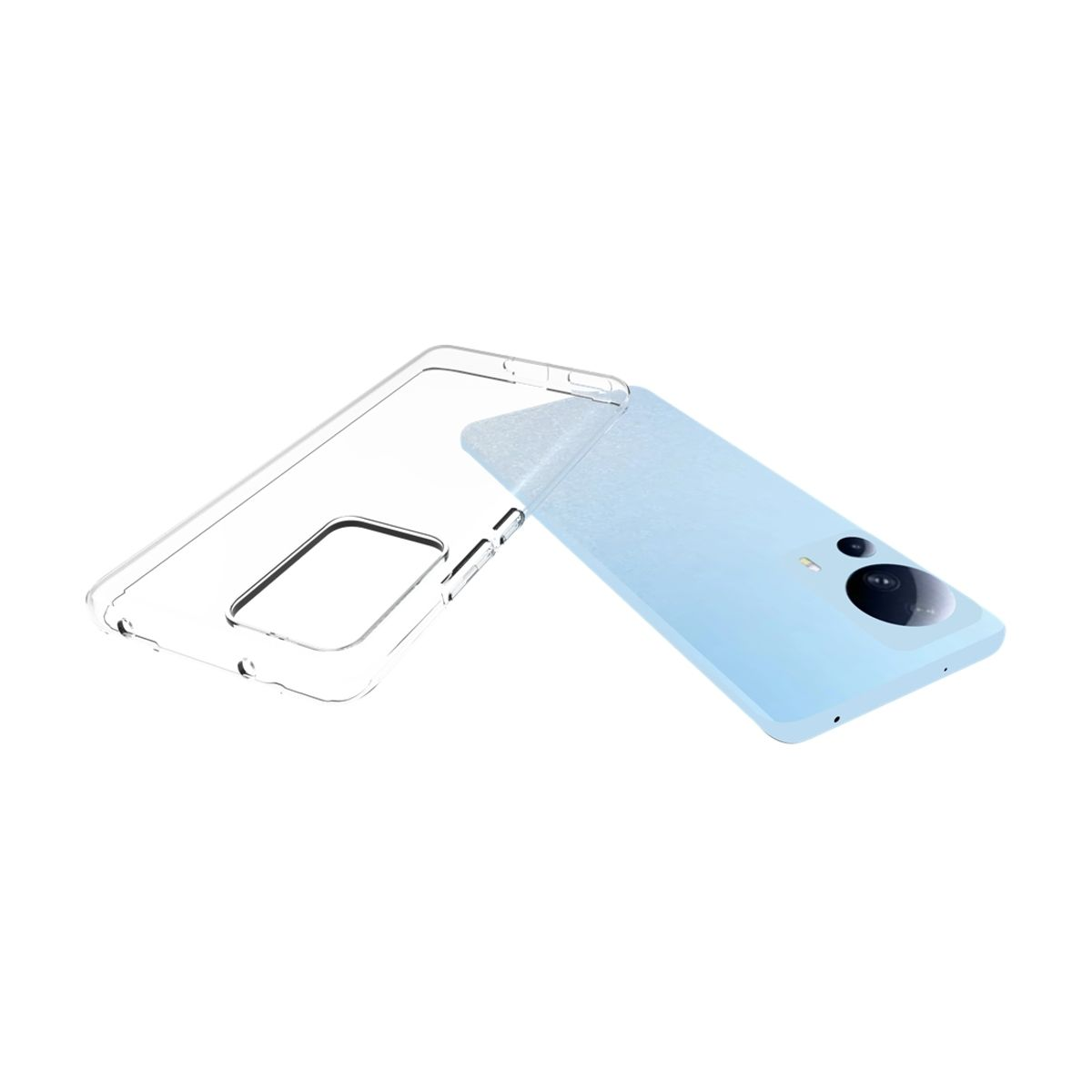 Klare Handyhülle neben einem blauen Telefon. Das Telefon hat eine Kamera. Die Hülle liegt vor dem Telefon.