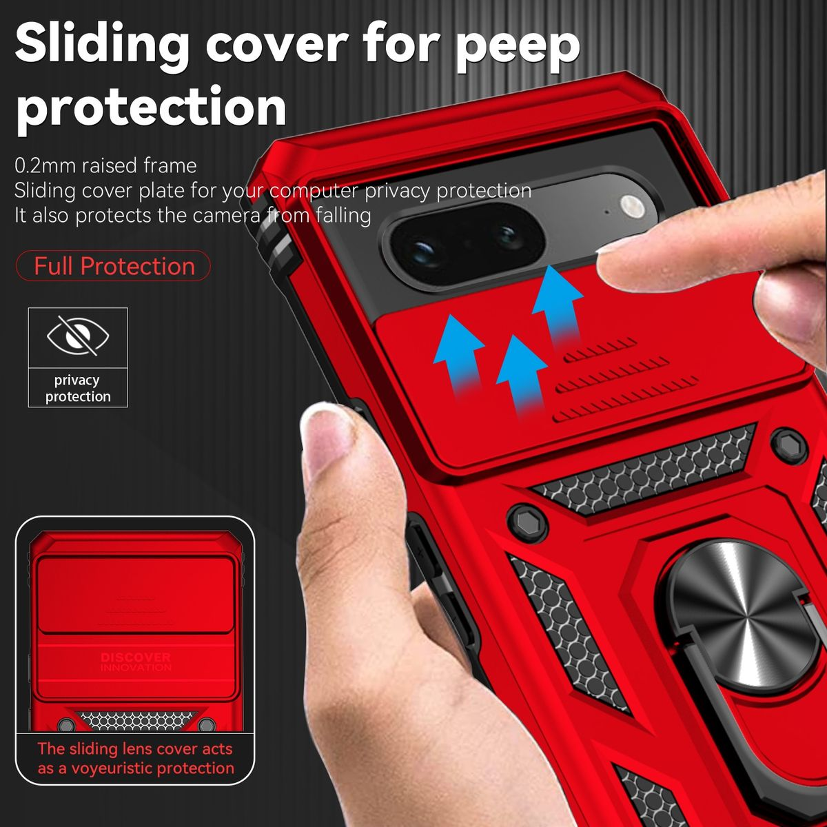 Eine Hand, die eine rote Handyhülle mit einem verschiebbaren Kamera-Cover und einem Ringhalter hält.