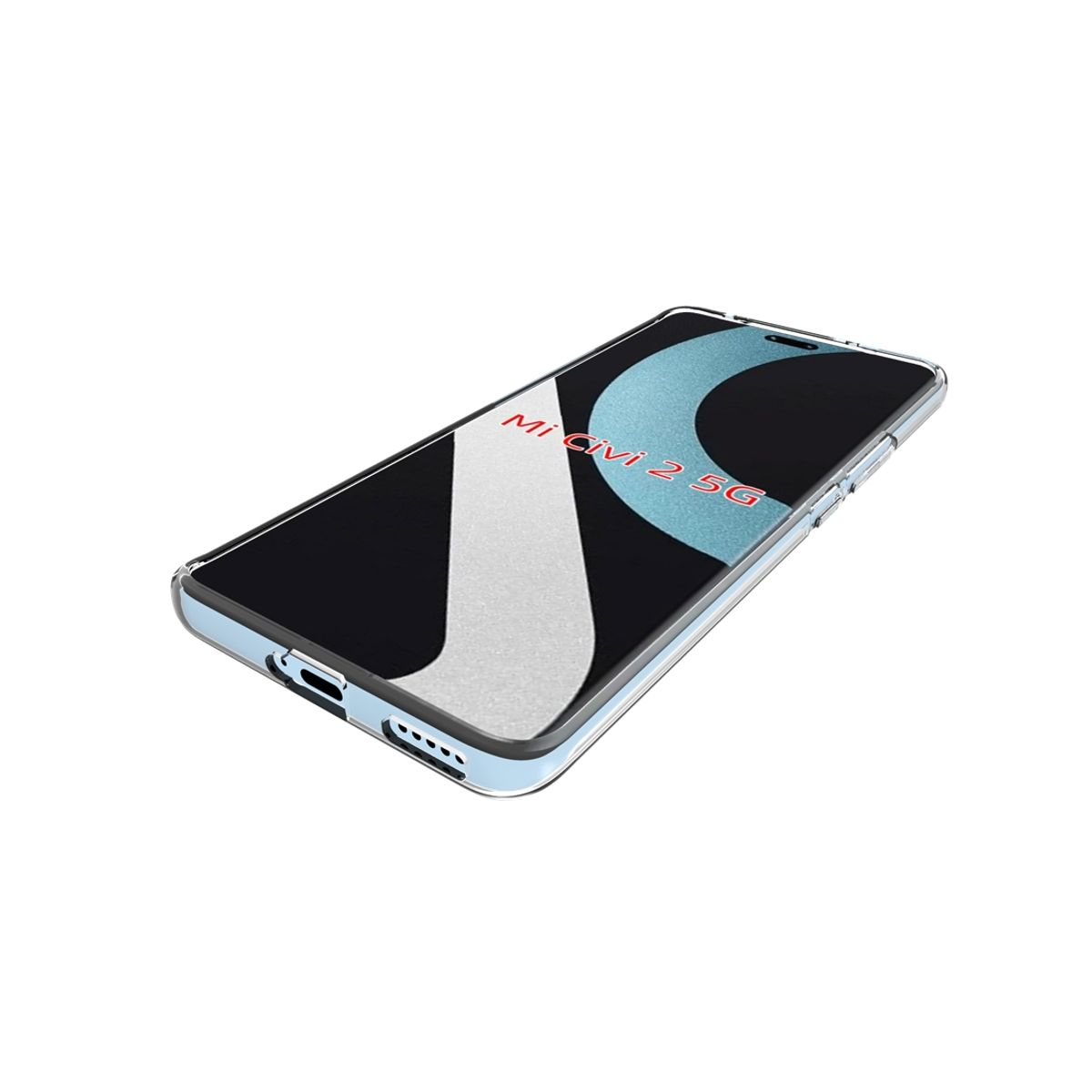 Transparente Handyhülle mit einem Telefon darin. Der Text Mi Civi 2 5G ist sichtbar.