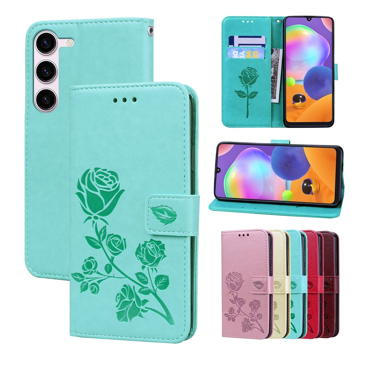 Verschiedene Handyhüllen, darunter eine türkisfarbene mit Rosendesign. Hüllen in verschiedenen Farben und Stilen.