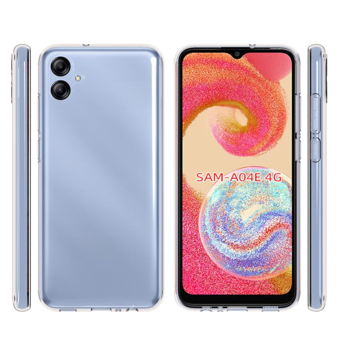 Telefon, blauer Rücken, transparente Hülle. Bildschirm zeigt pinke und orange abstrakte Kunst, Text: SAM-A04E 4G.