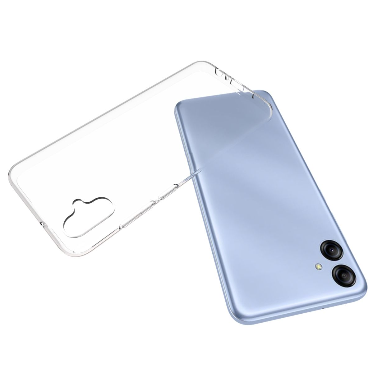 Eine transparente Handyhülle liegt offen neben einem blauen Telefon. Die Hülle ist über dem Telefon.