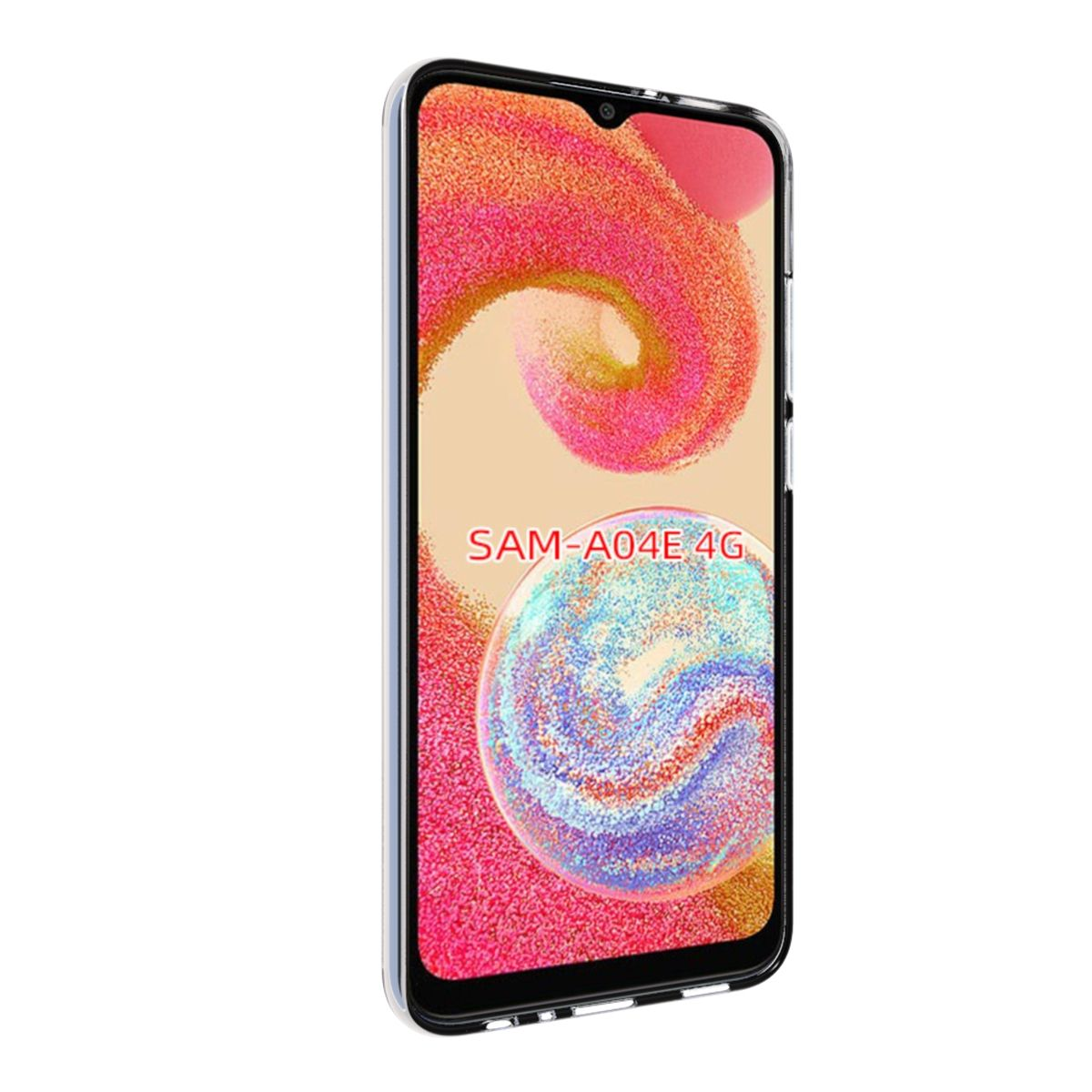 Ein Samsung-Telefon zeigt ein farbenfrohes Design. Das Telefon ist schwarz mit einer transparenten Hülle.