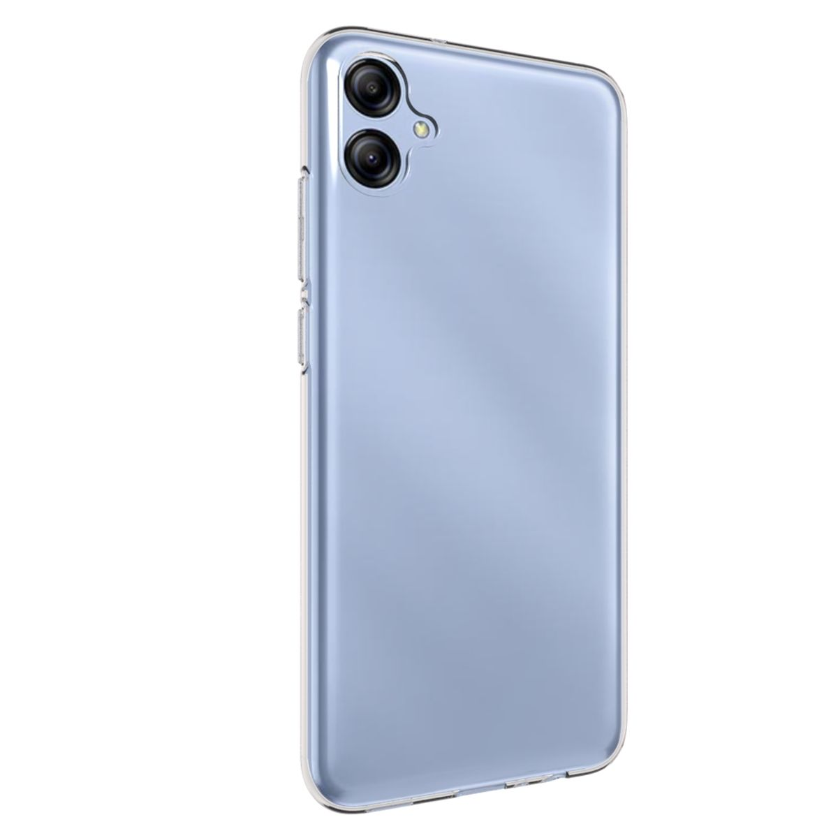 Ein blaues Telefon mit klarer Hülle. Es hat eine Kamera und eine glatte Oberfläche.