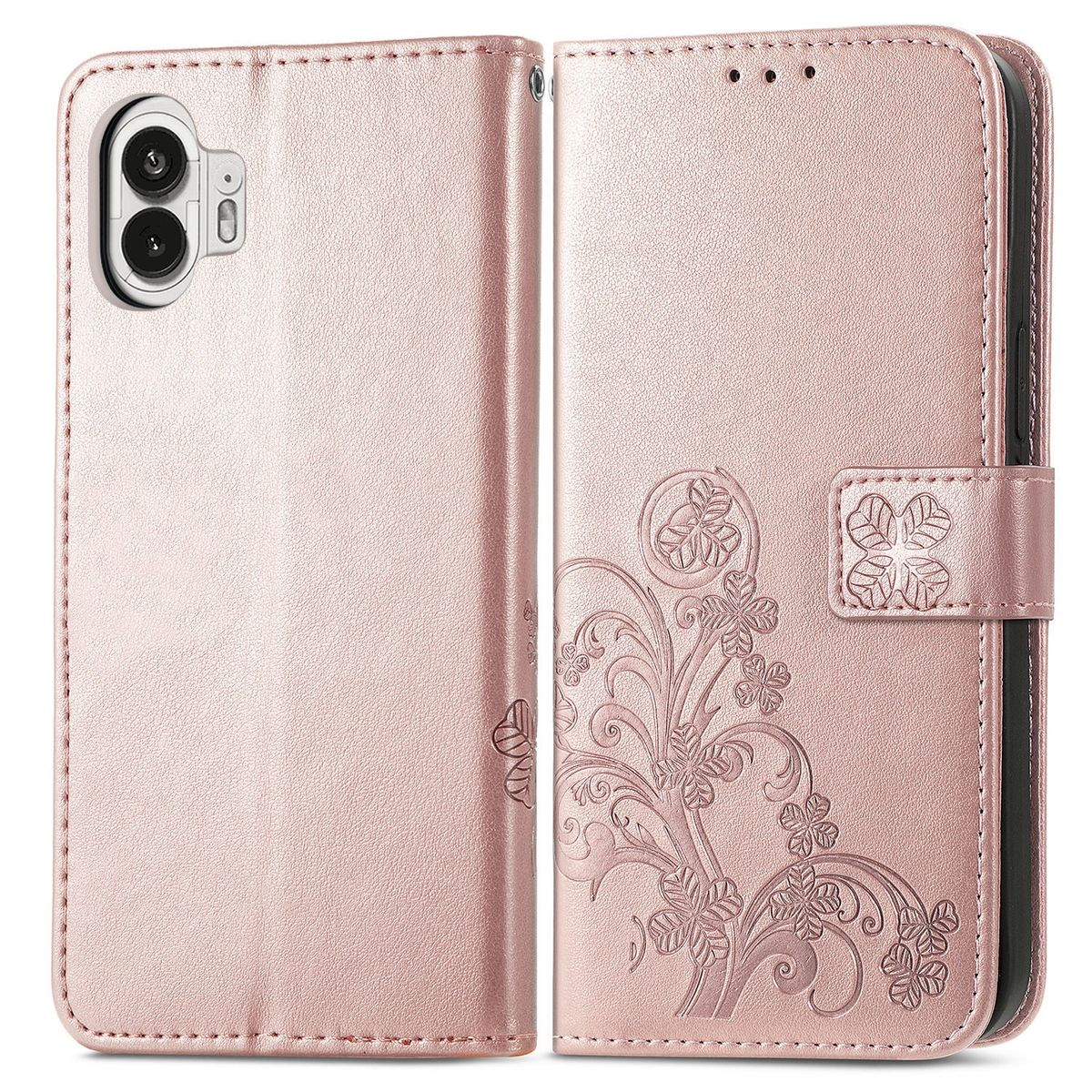 Rosa Handyhülle mit Blumendesign und Verschluss. Das Telefon befindet sich in der Hülle.