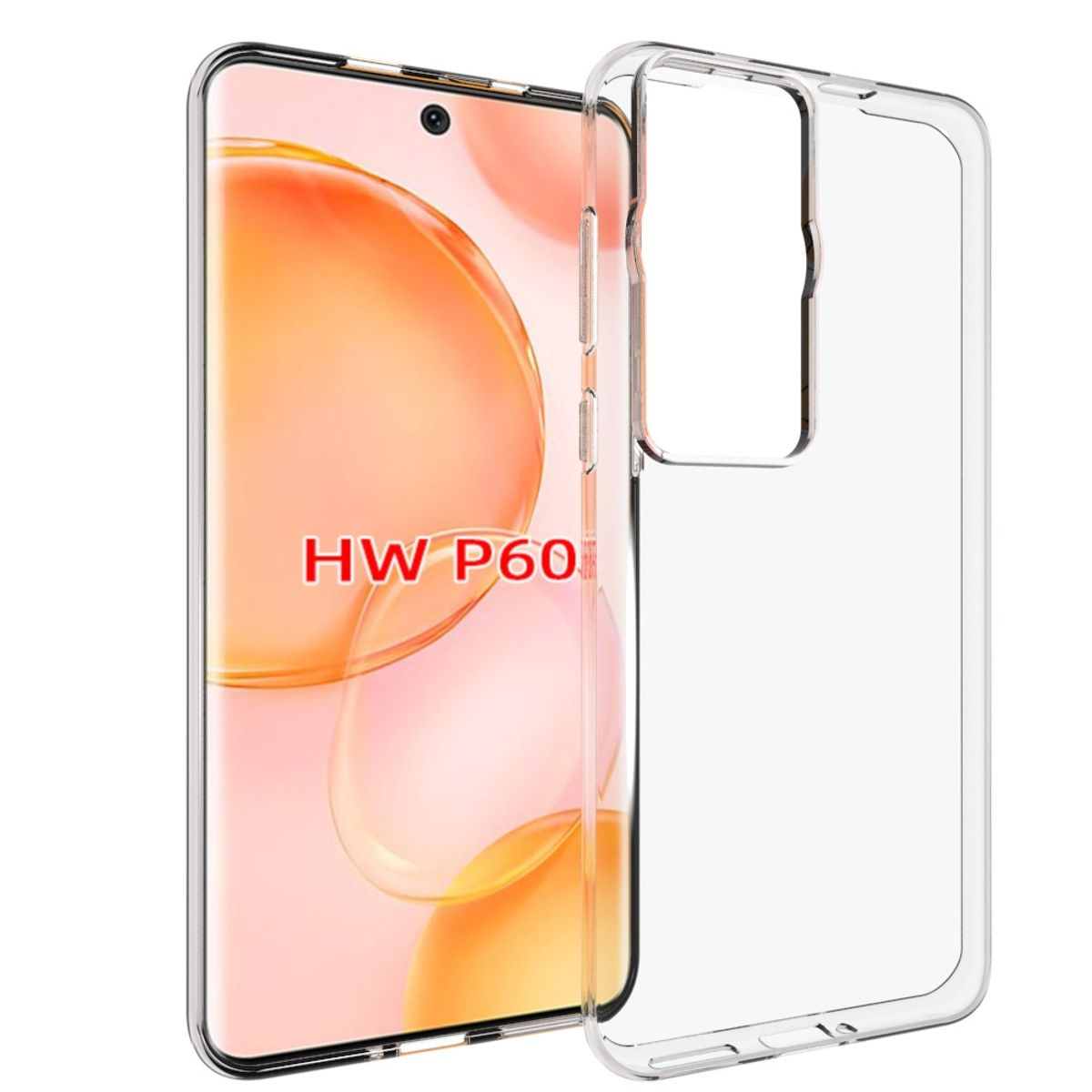 Eine transparente Handyhülle auf einem Telefon. Text "HW P60" ist auf dem Telefonbildschirm sichtbar.
