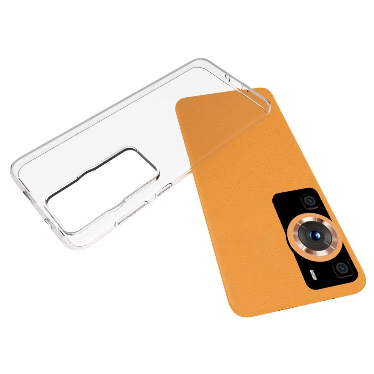 Orange Handyhülle mit einem Telefon darin. Es hat eine durchsichtige Oberseite.