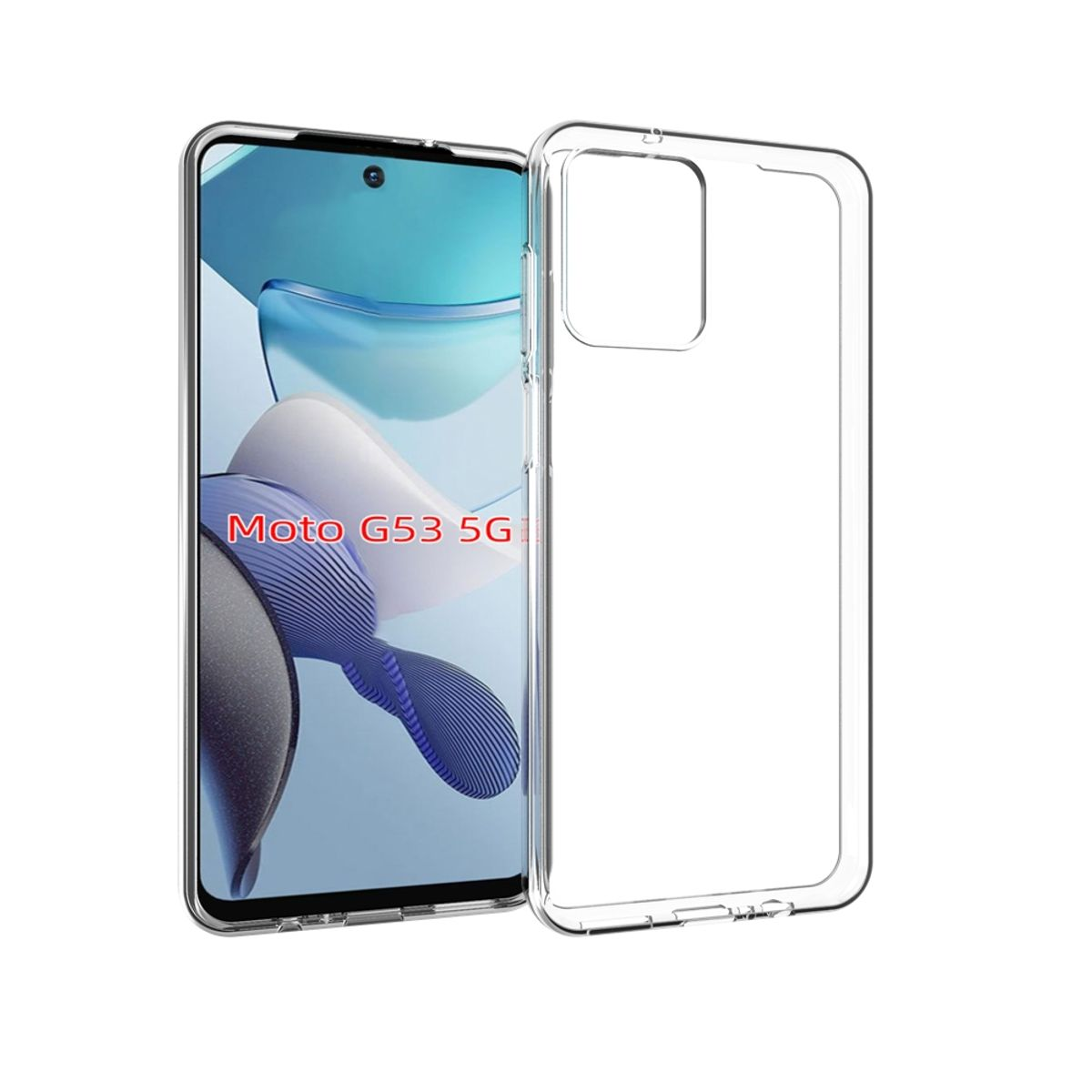Transparente Handyhülle auf einem Telefon mit dem Text: Moto G53 5G. Weißer Hintergrund.