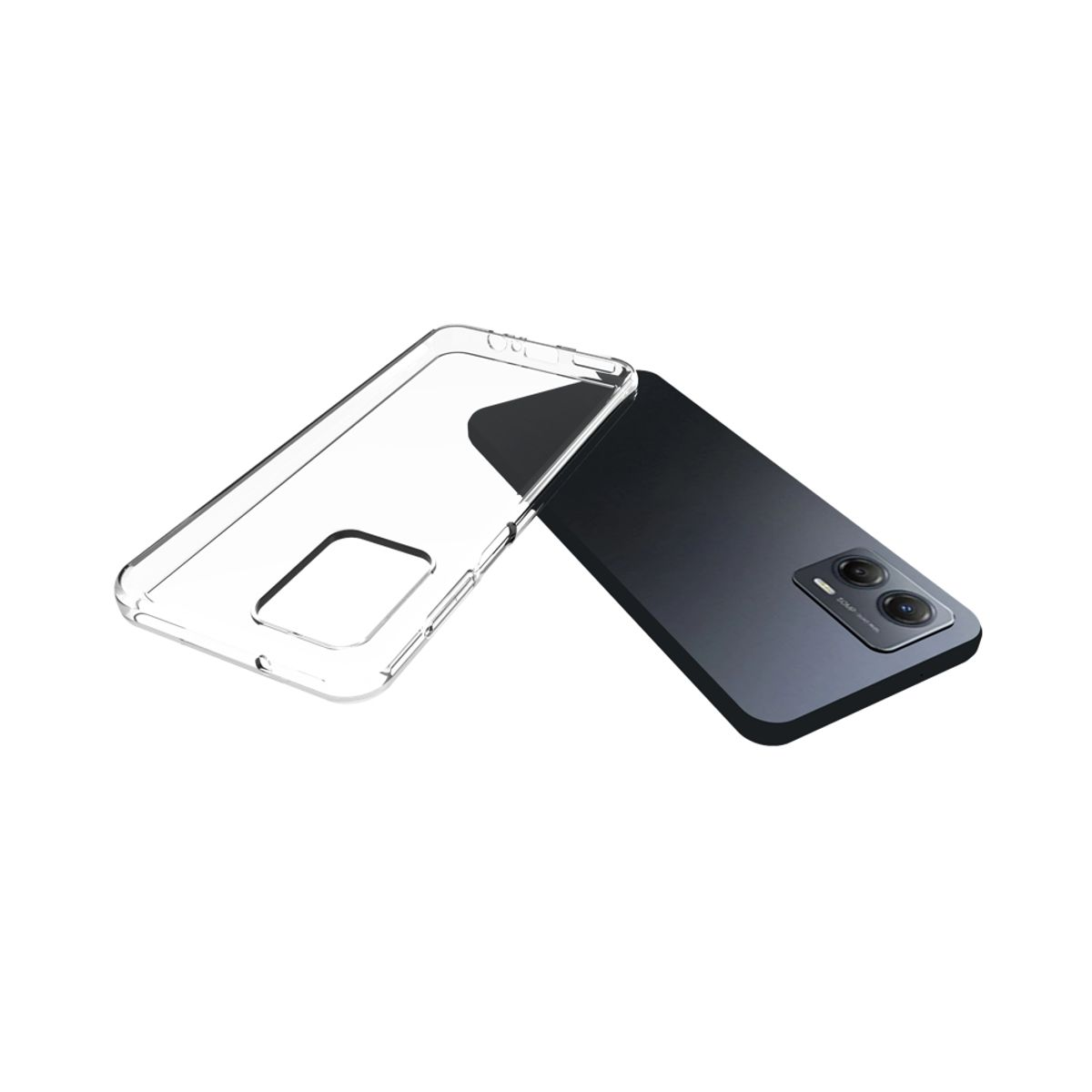 Schwarzes Telefon mit teilweiser transparenter Hülle. Telefon und Hülle auf weißem Hintergrund.