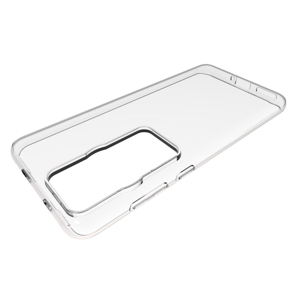 Transparente Handyhülle. Sie hat eine transparente Rückseite und Seitenansicht.