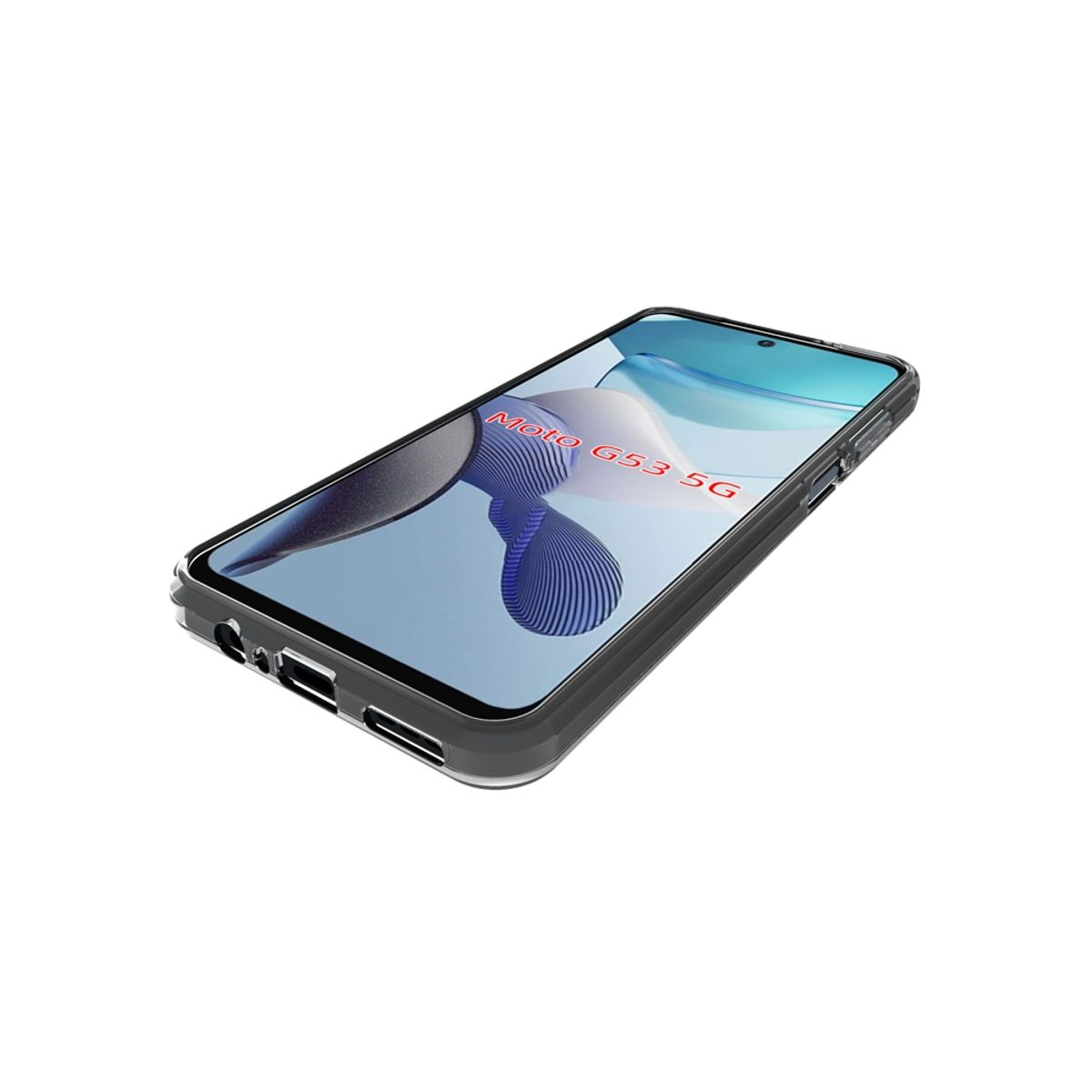 Ein dunkles Telefon mit Hülle, das die Aufschrift Moto G53 5G zeigt. Es ist nach rechts geneigt.