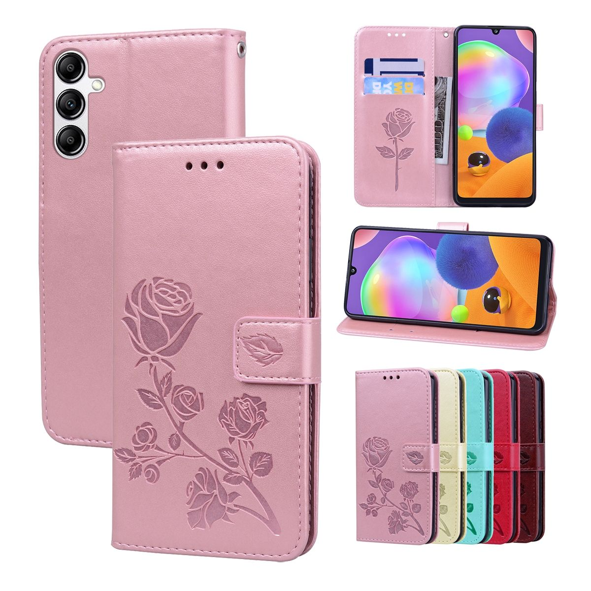 Rosa Handyhülle mit Rosendesign. Enthält Telefon, Karten und mehrere Farboptionen.