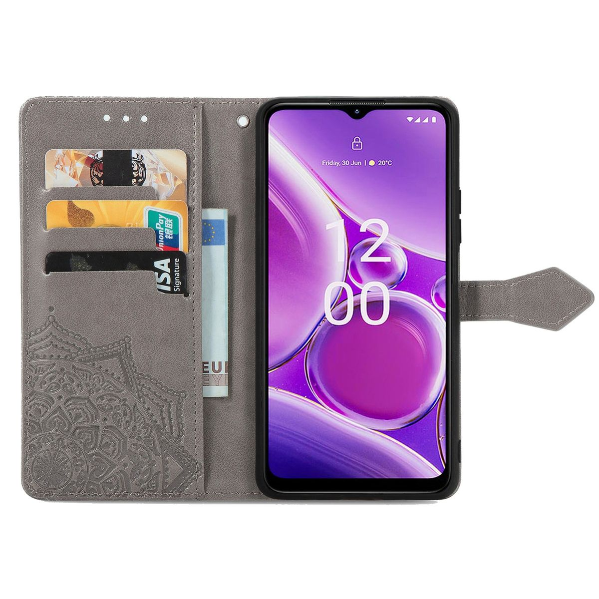 Eine graue Handyhülle geöffnet, mit einem Telefon mit Sperrbildschirm, Karten und Geld.