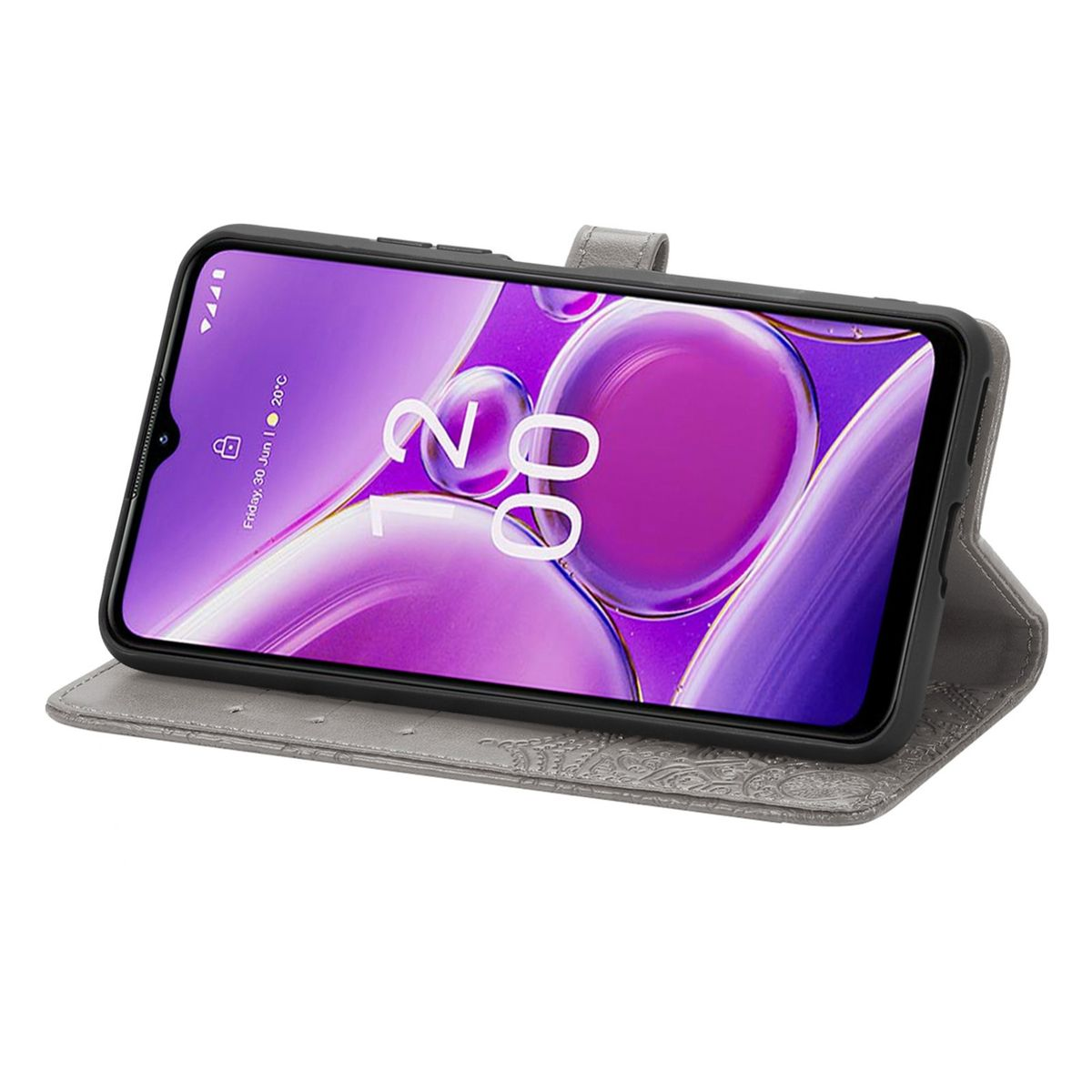 Graue Handyhülle mit geöffnetem Telefon, das eine lila Oberfläche anzeigt.
