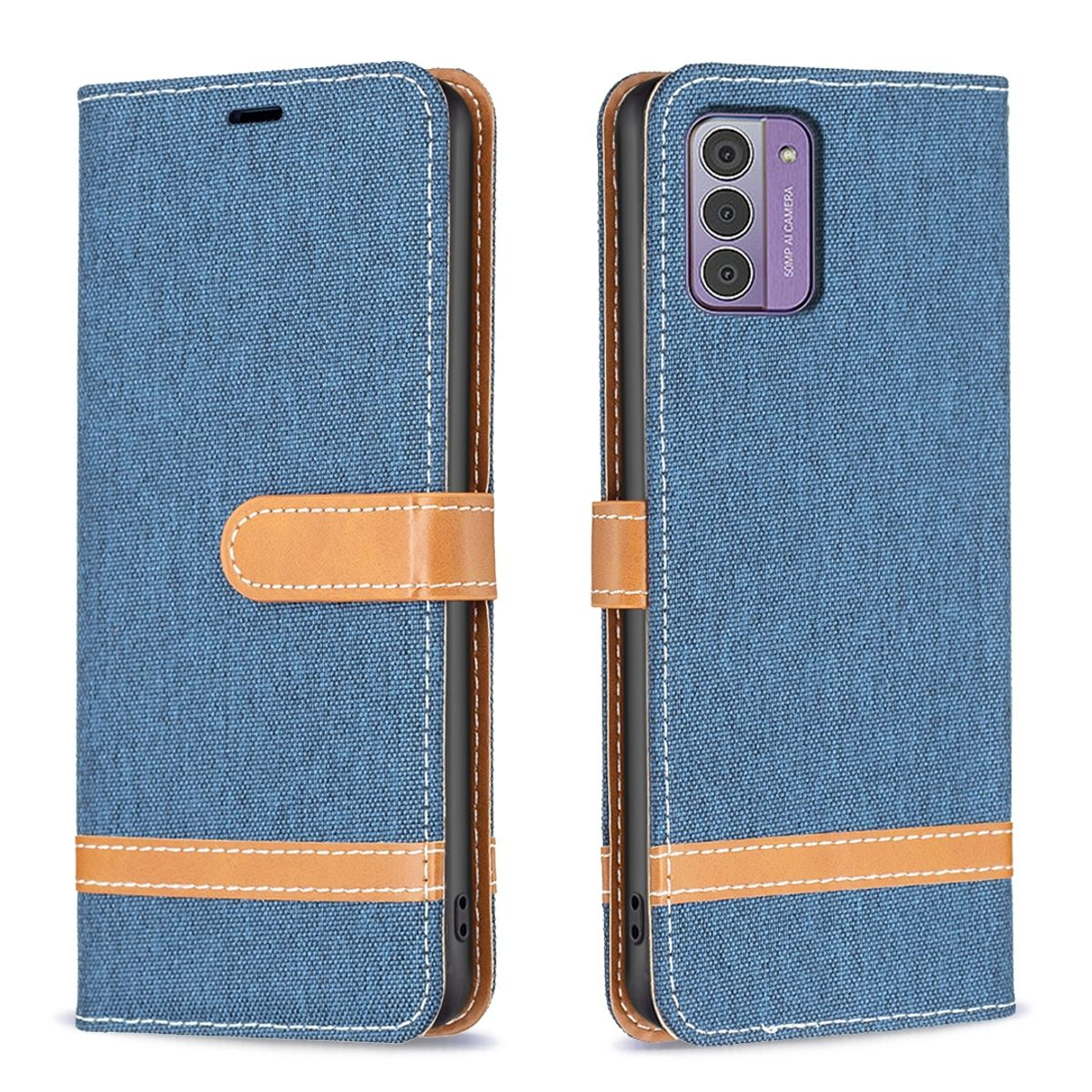 Blaue Handyhülle offen, mit braunen Lederstreifen, Telefon ist drin, Kamera sichtbar.