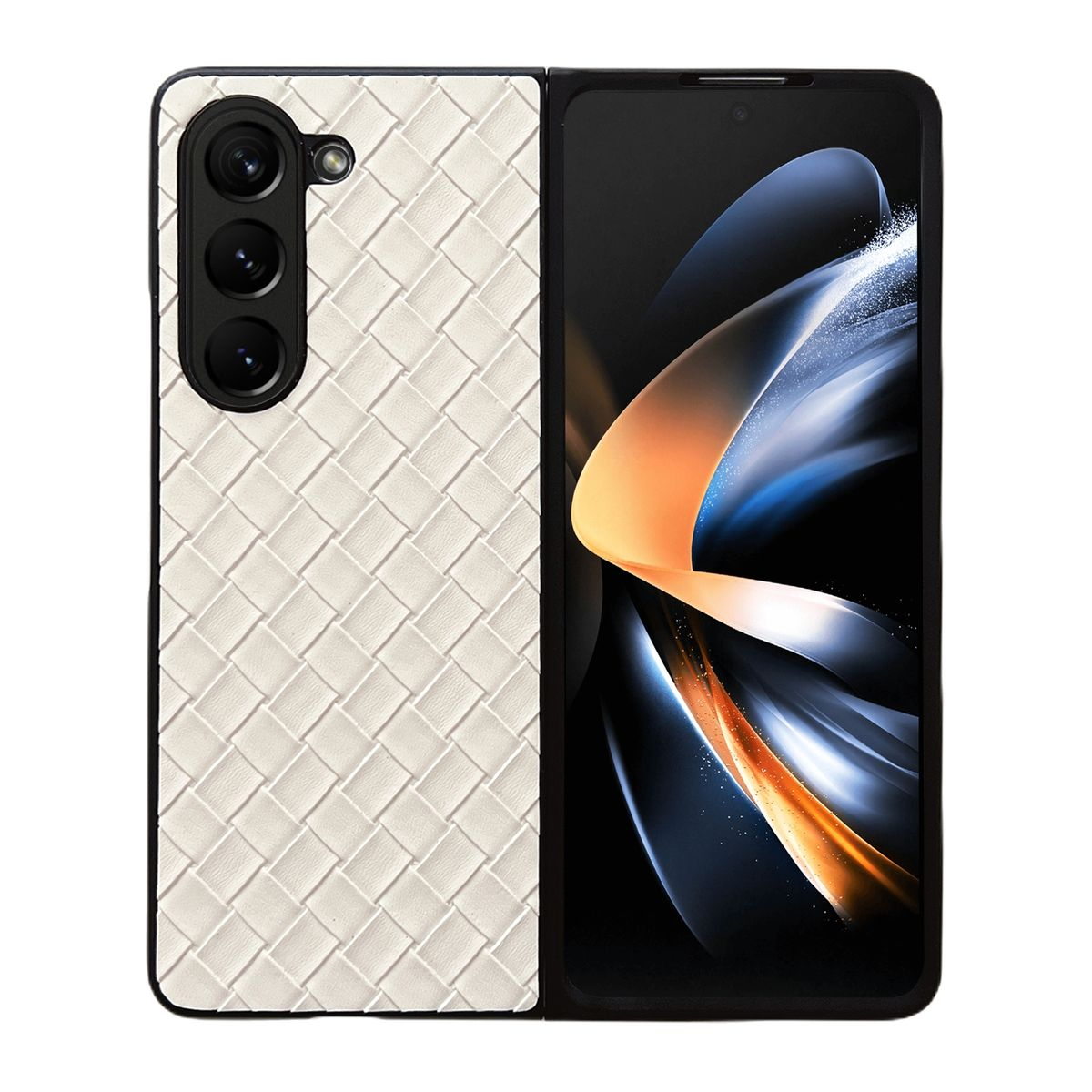 Ein Smartphone mit gewebtem Muster auf der Rückseite und einem Bildschirm mit blauem, abstraktem Design.