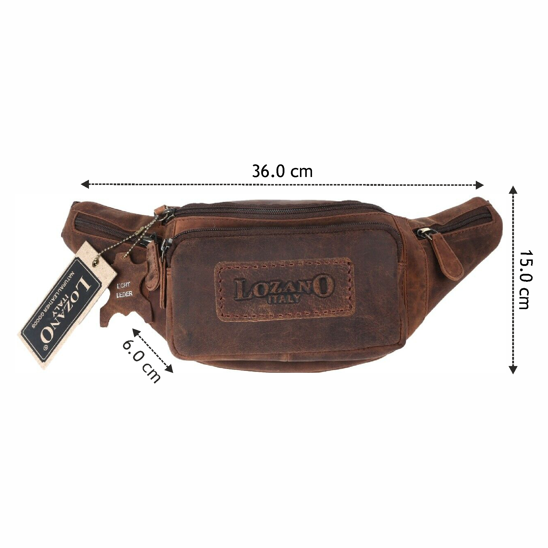 Braune Leder-Gürteltasche mit Reißverschluss. Sie hat ein Etikett und ist 36 cm breit und 15 cm hoch.