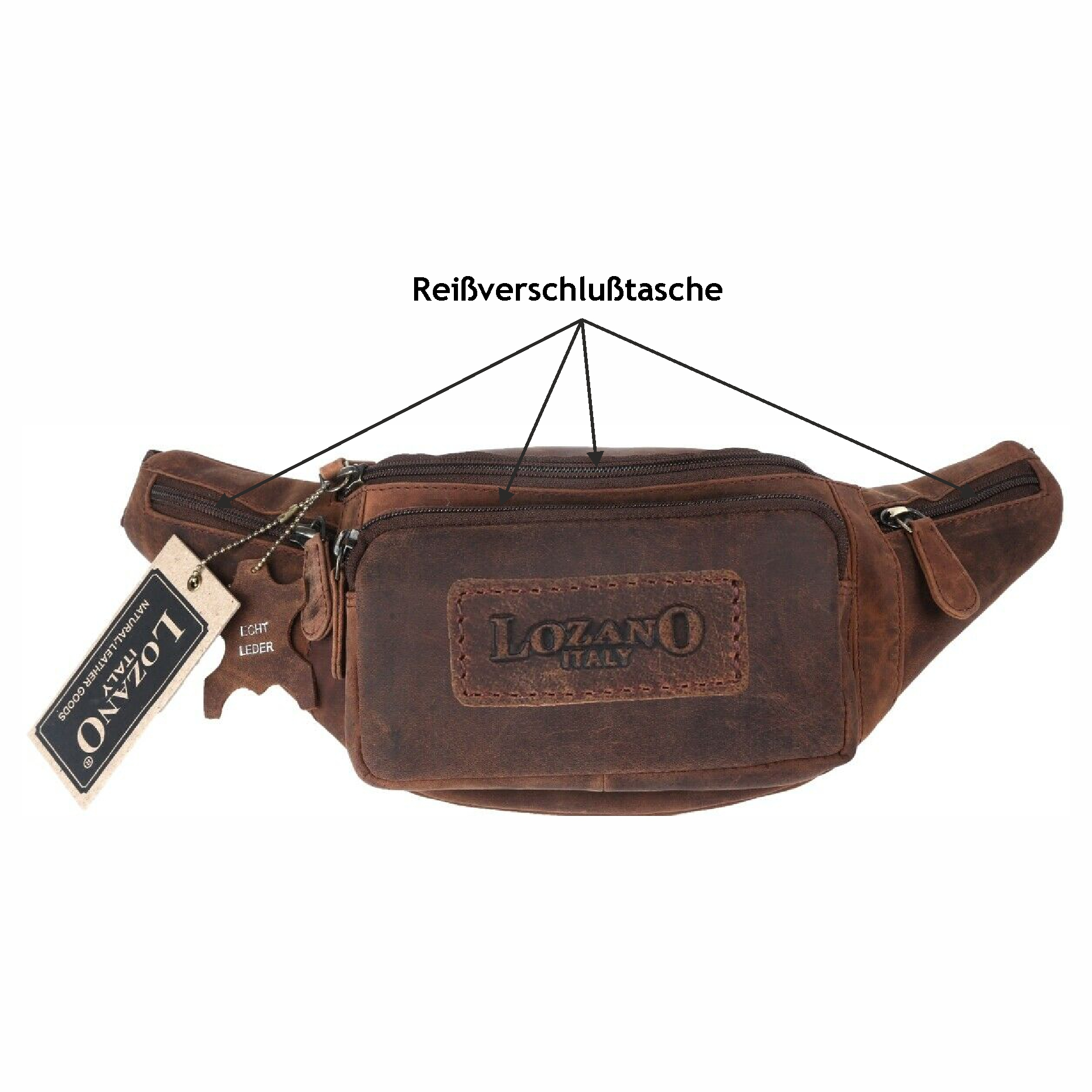 Eine braune Bauchtasche aus Leder mit Reißverschlusstasche und Markenetikett.