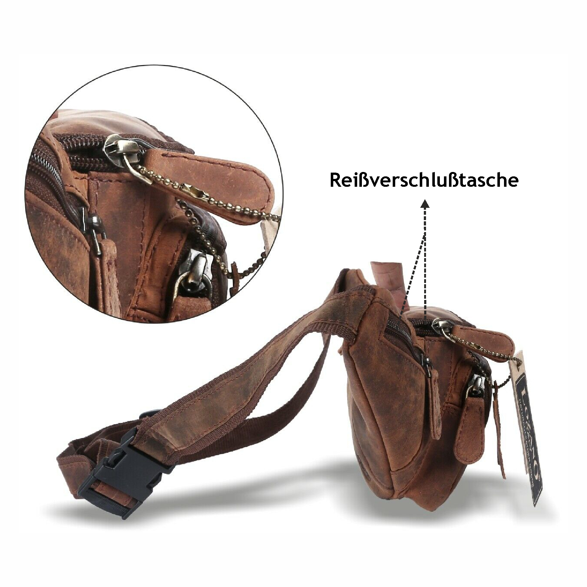 Braune Leder-Bauchtasche mit Reißverschluss, Riemen und Schnalle, Nahaufnahme des Reißverschlusses.