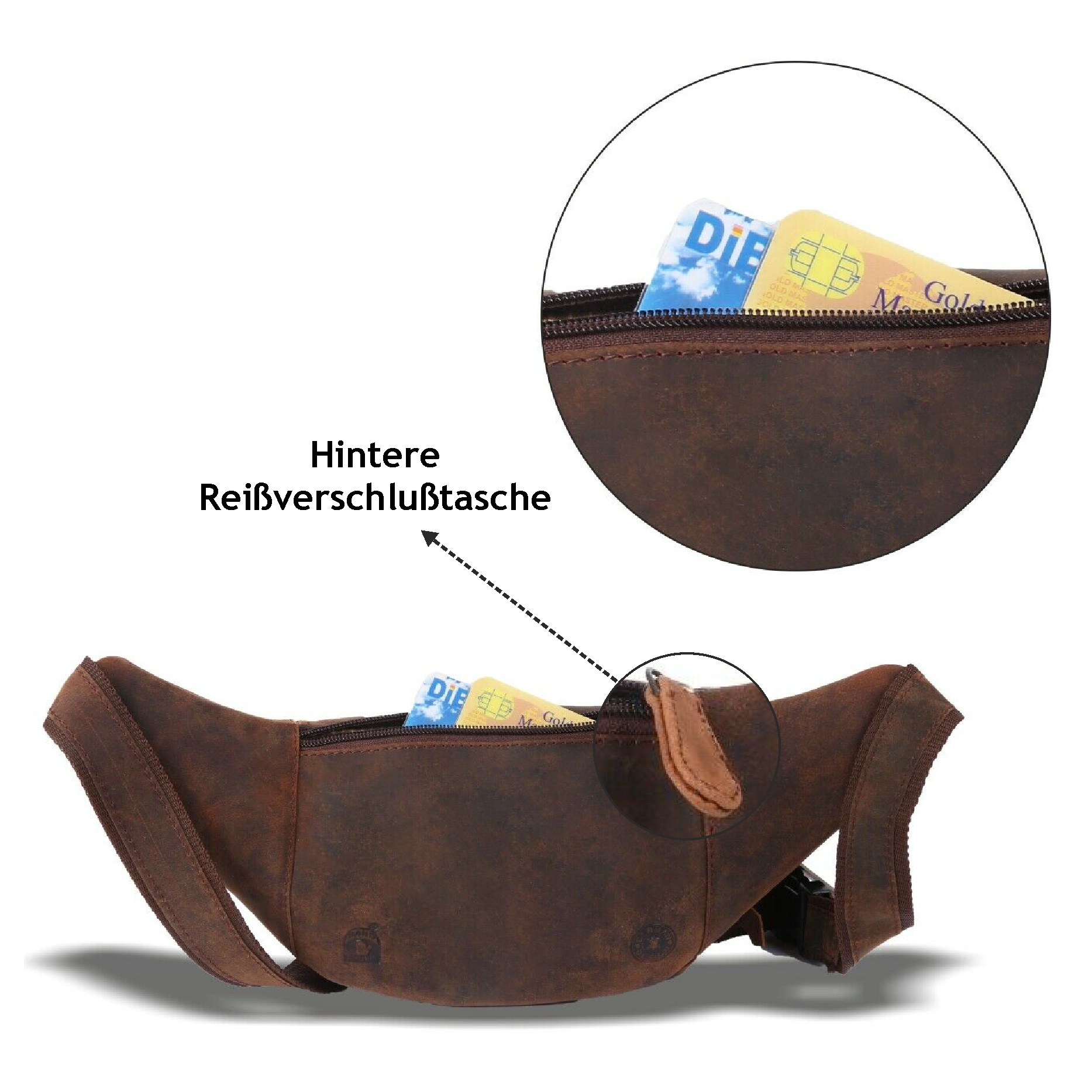 Eine braune Leder-Gürteltasche mit Reißverschlusstasche und Textetikett. Karten sind in der Tasche.