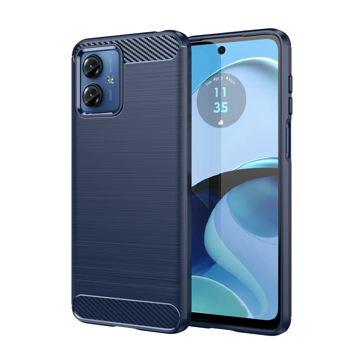Eine blaue Handyhülle mit strukturiertem Design, Kameraschutz und Telefon darin.
