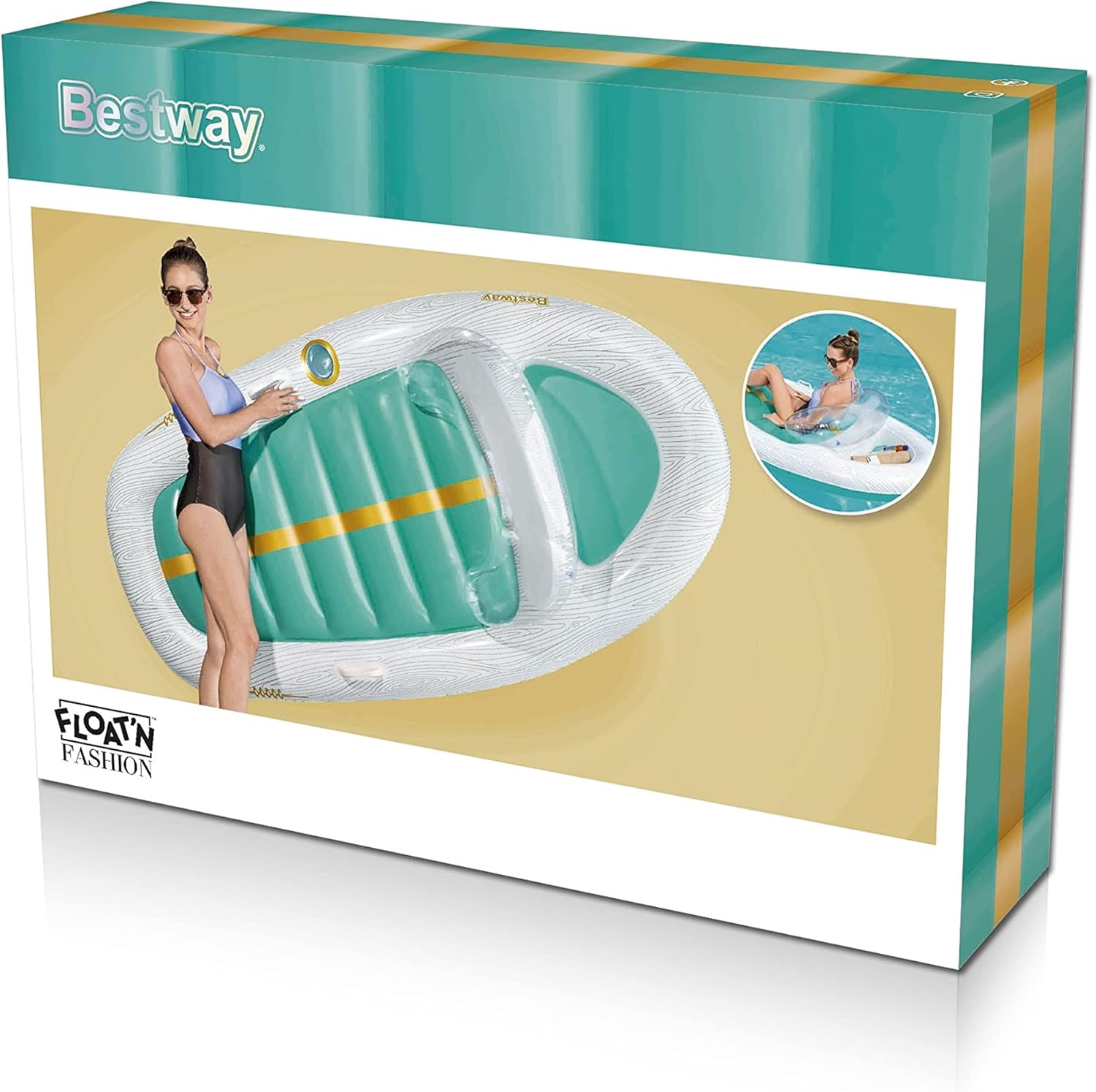 Box mit Frau auf Pool-Float. Float ist teal und weiß, Frau mit Sonnenbrille.