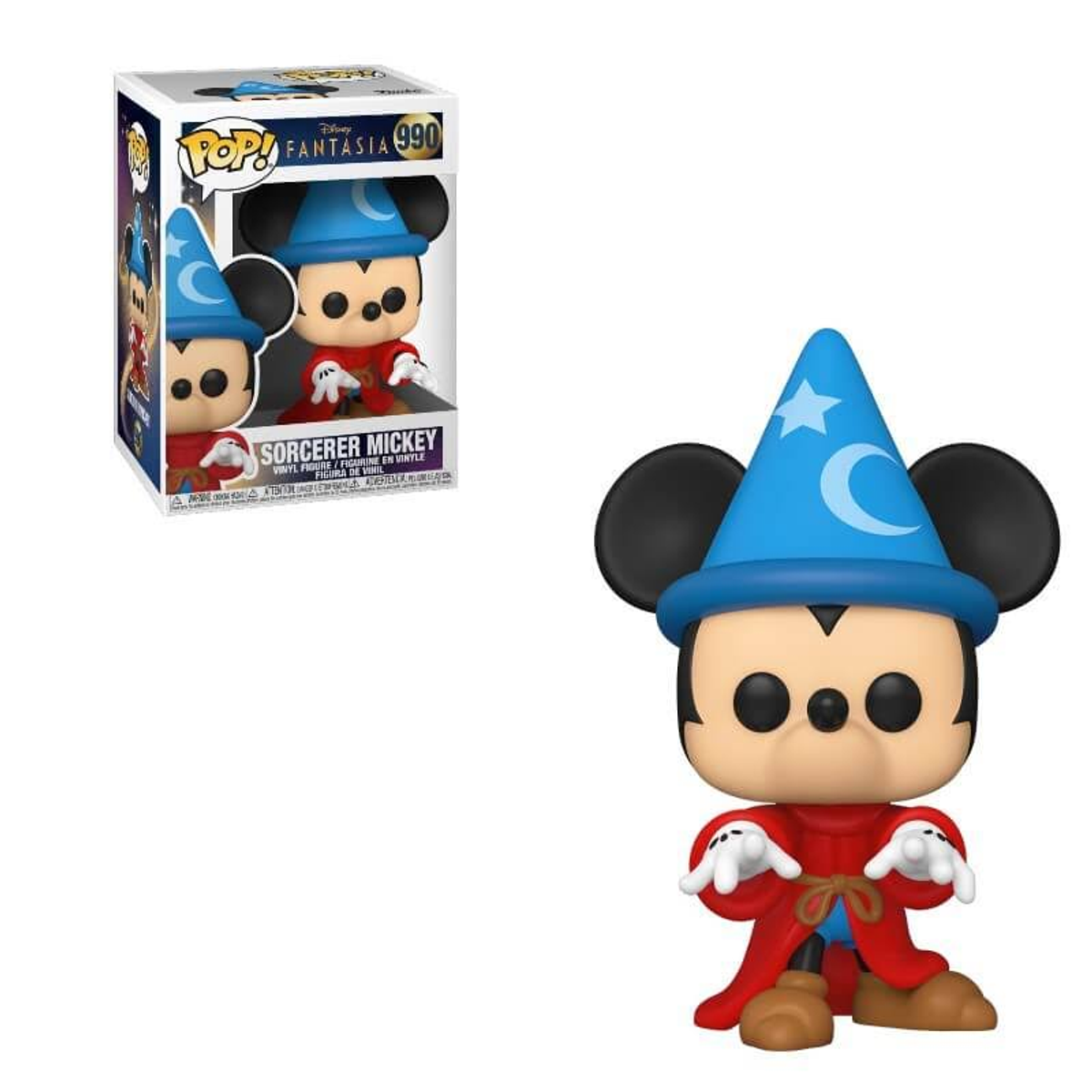 Funko Pop! Sorcerer Mickey Figur in und außerhalb der Box, trägt rotes Gewand und blauen Hut.