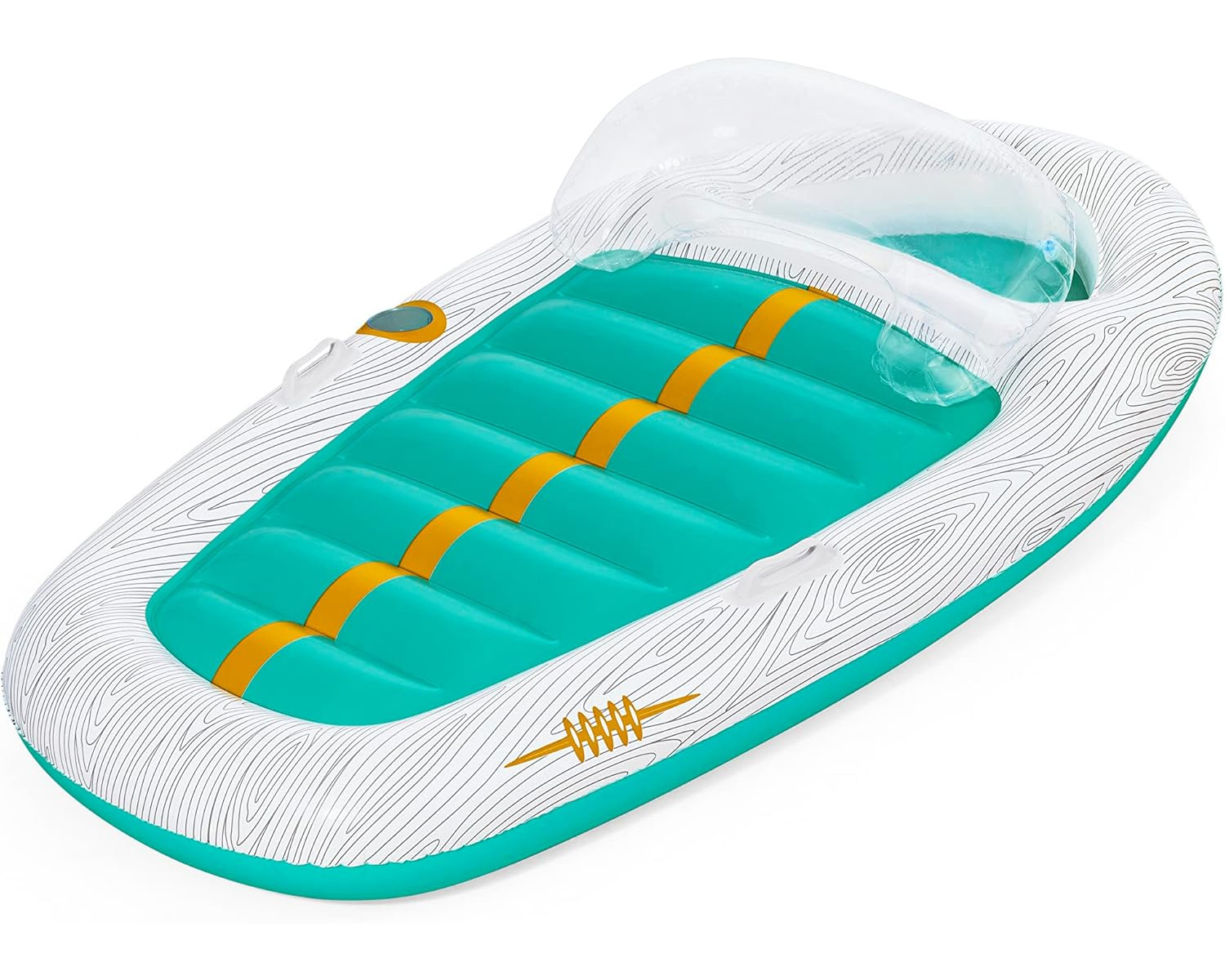 Aufblasbare Pool-Schwimminsel mit türkisfarbenem Mittelteil, weißen Seiten und transparentem Kopfteil. Holzmaserung.