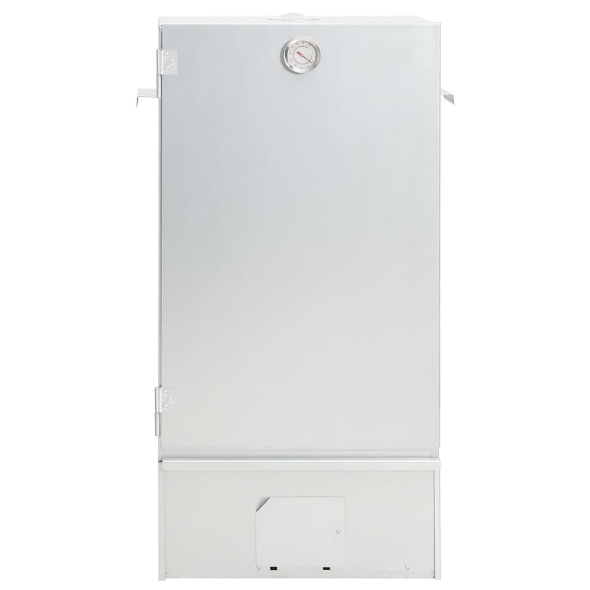 Un forno affumicatore bianco. Ha un termometro e una porta. Lo sfondo è bianco.
