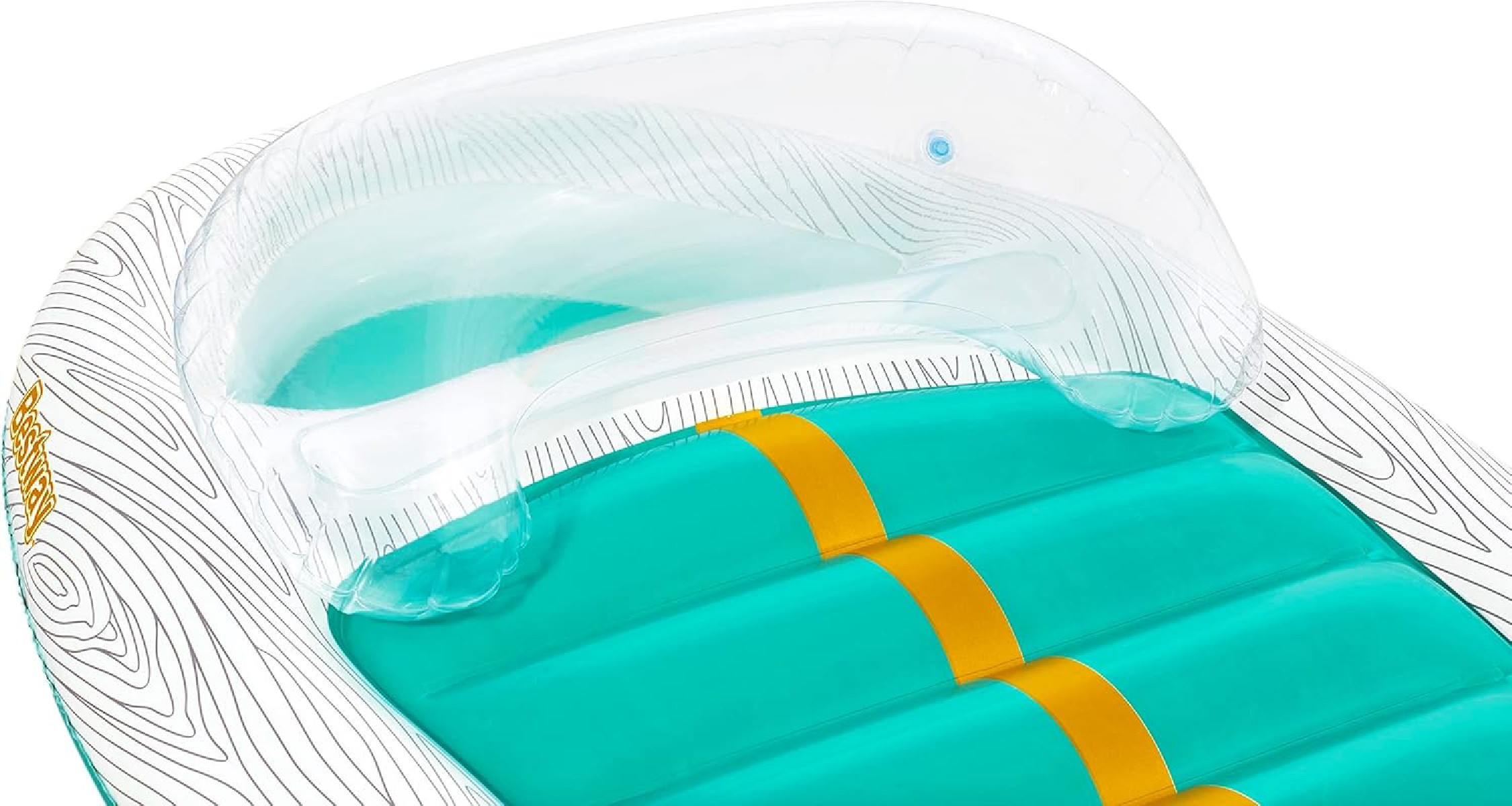 Aufblasbarer Pool-Liegestuhl mit Holzmaserungsdesign und transparentem Kopfteil.