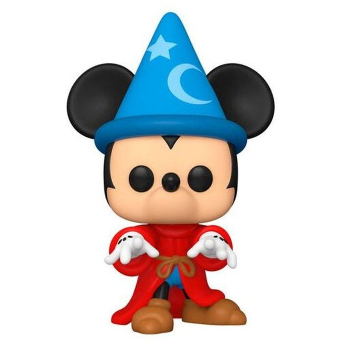 Mickey Mouse Spielzeugfigur mit blauem Zaubererhut und rotem Umhang, lächelnd.