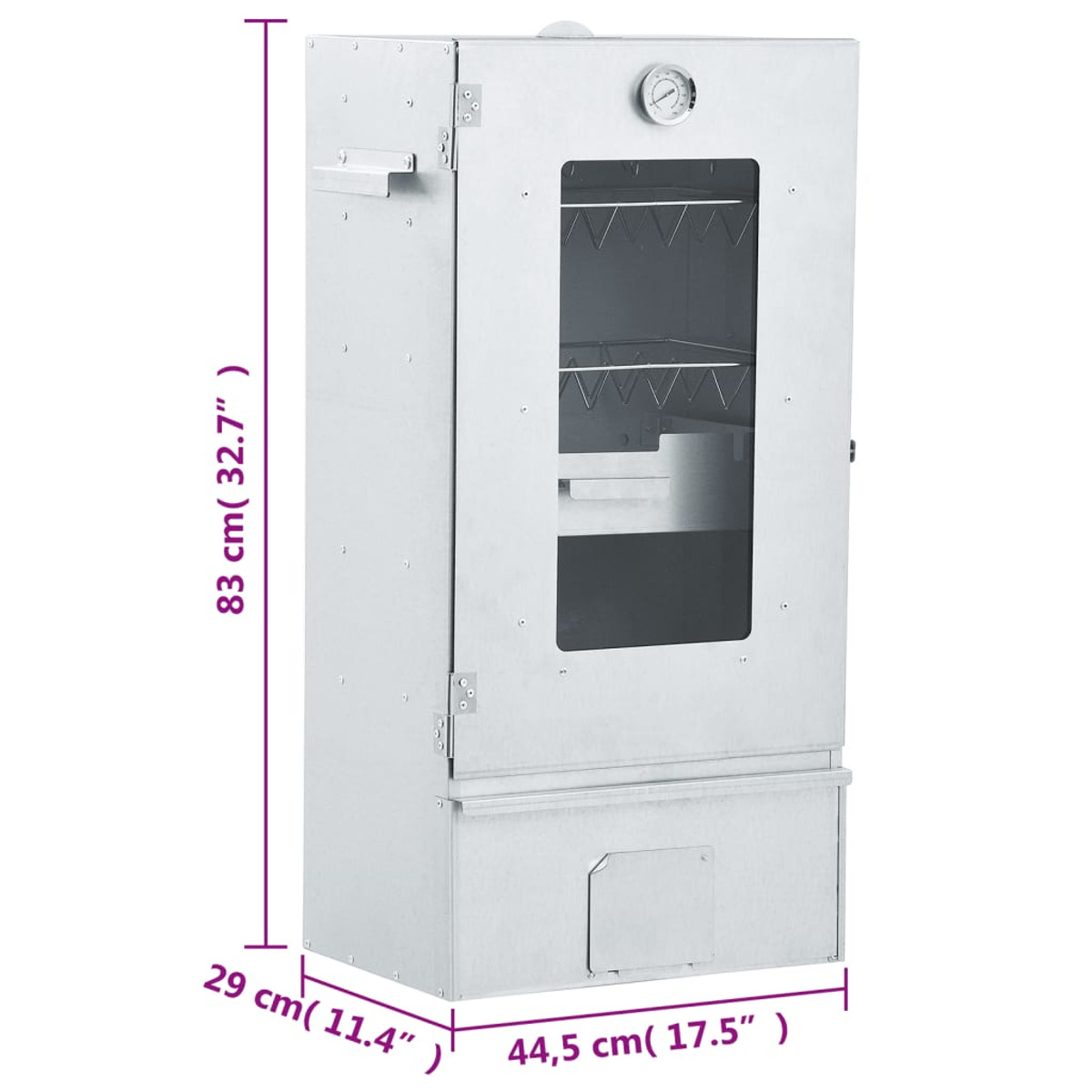 Affumicatore argentato con porta in vetro, termometro. Dimensioni indicate. Misura 83cm x 29cm x 44,5cm.
