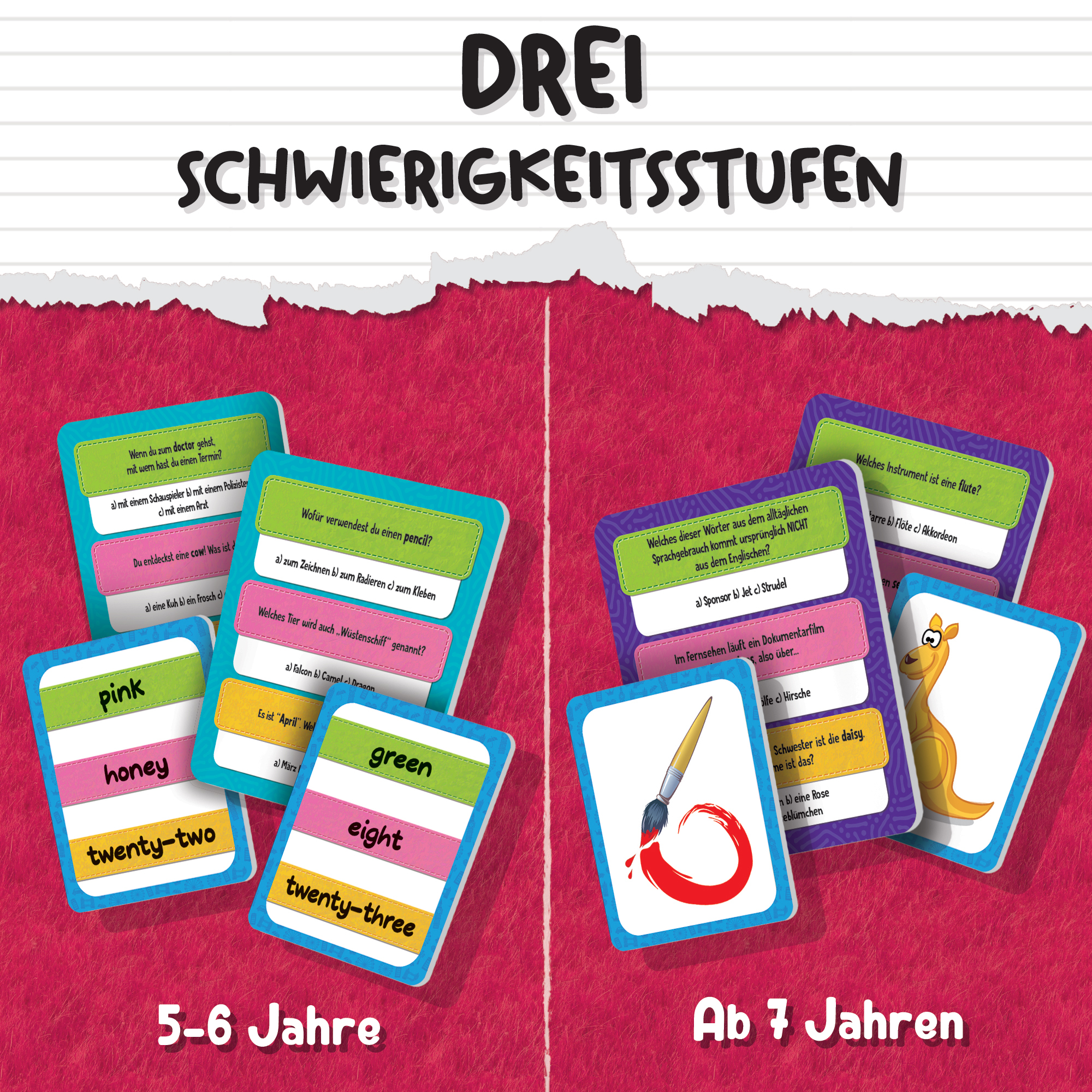 Karten mit Wörtern und Bildern sind auf einem Tisch angeordnet. Texte auf Deutsch sind sichtbar.