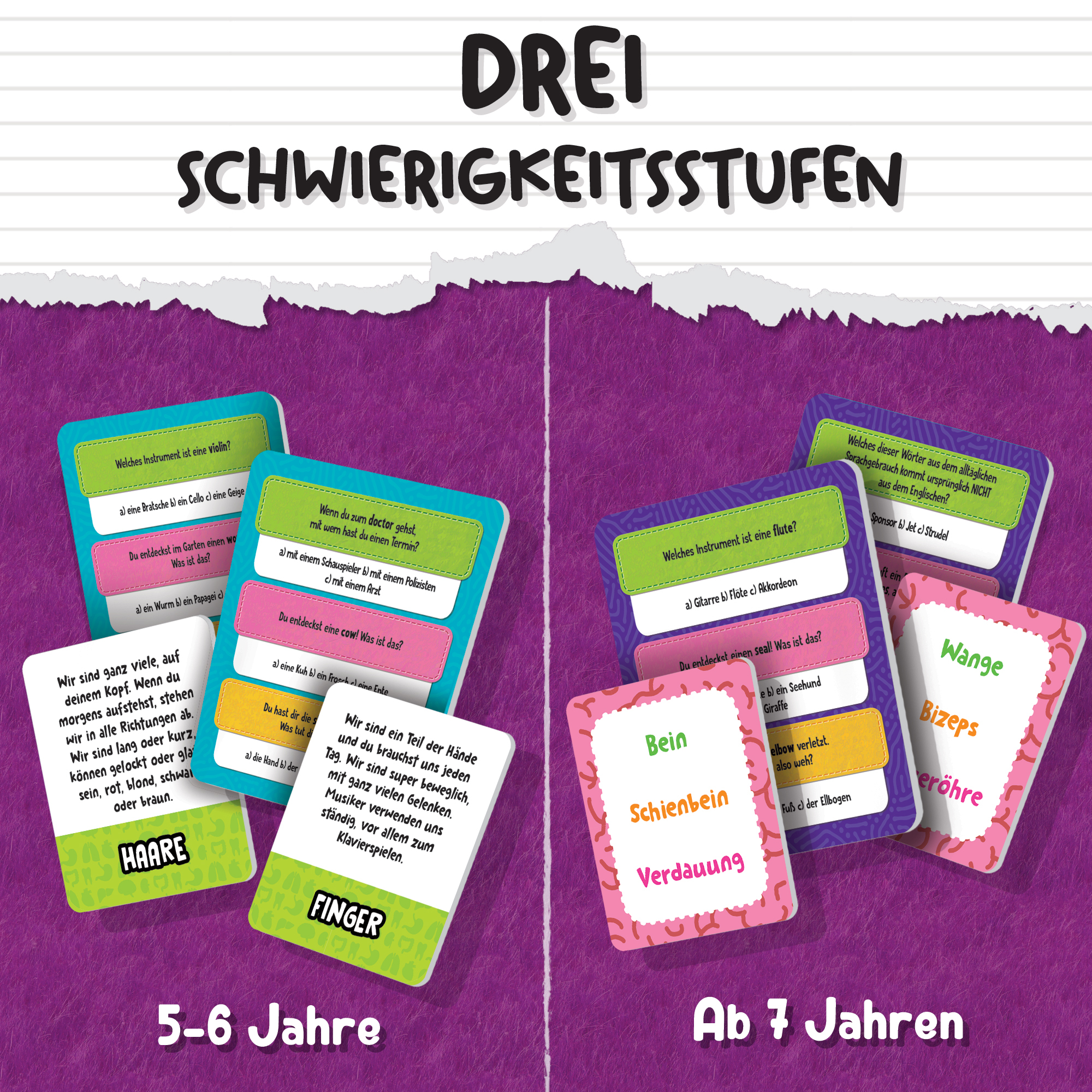 Lernkarten über Körperteile, drei Schwierigkeitsgrade.