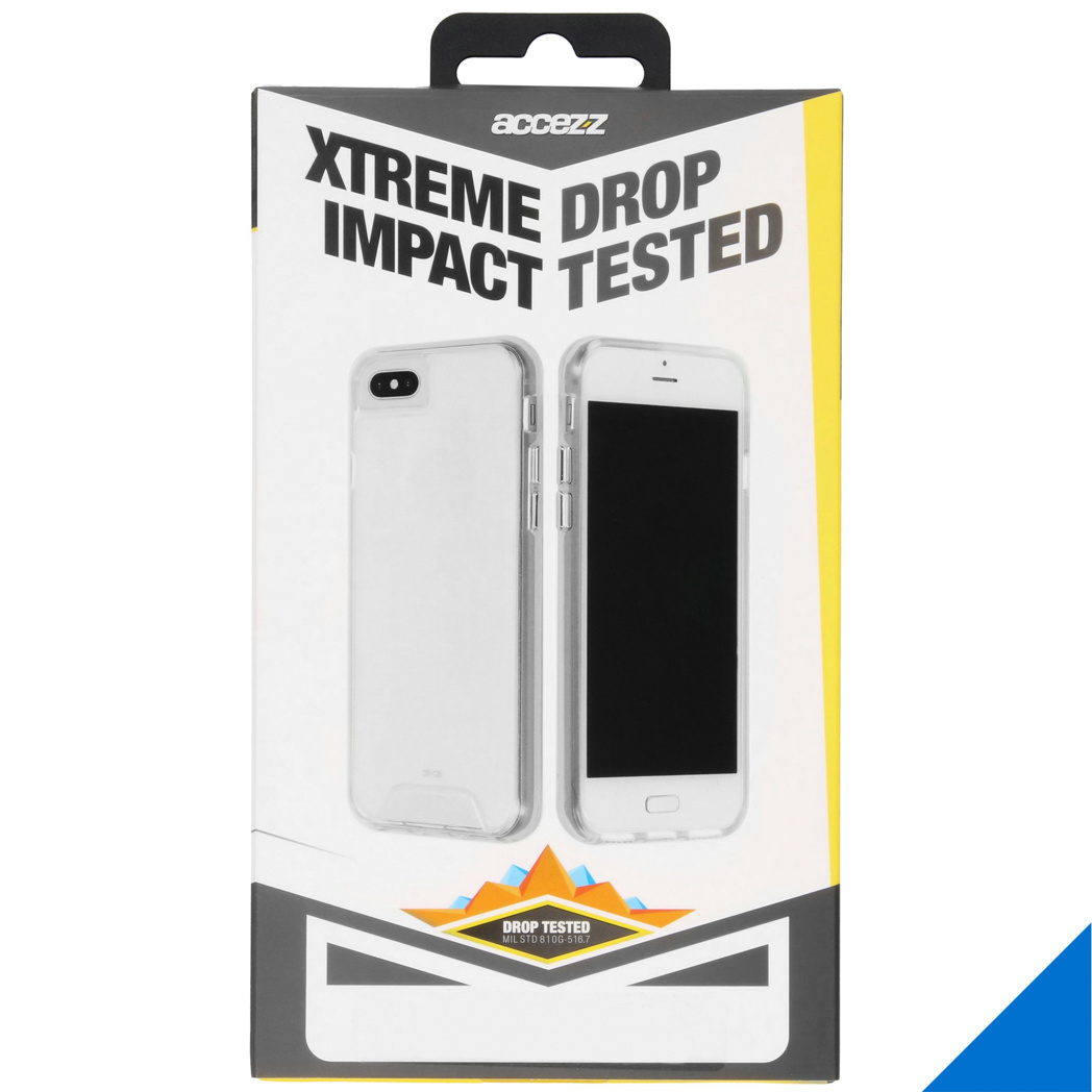 Emballage de coque de téléphone blanc avec deux téléphones, l'emballage indique 'Xtreme Drop Impact Tested'.