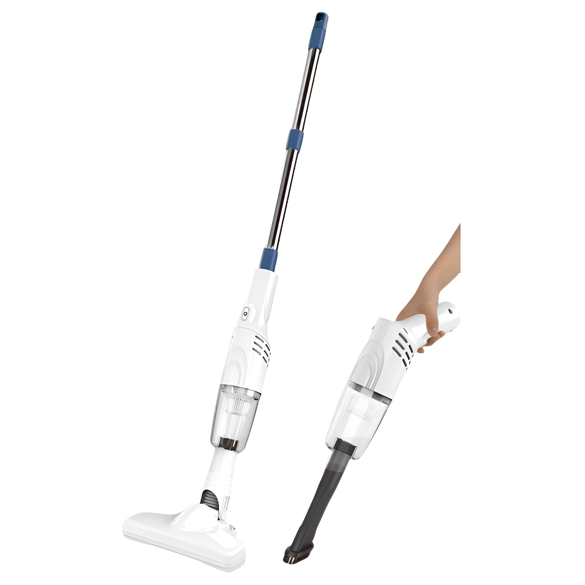 Weiß-blauer kabelloser Staubsauger. Zwei Winkel werden gezeigt, Hand- und aufrecht.