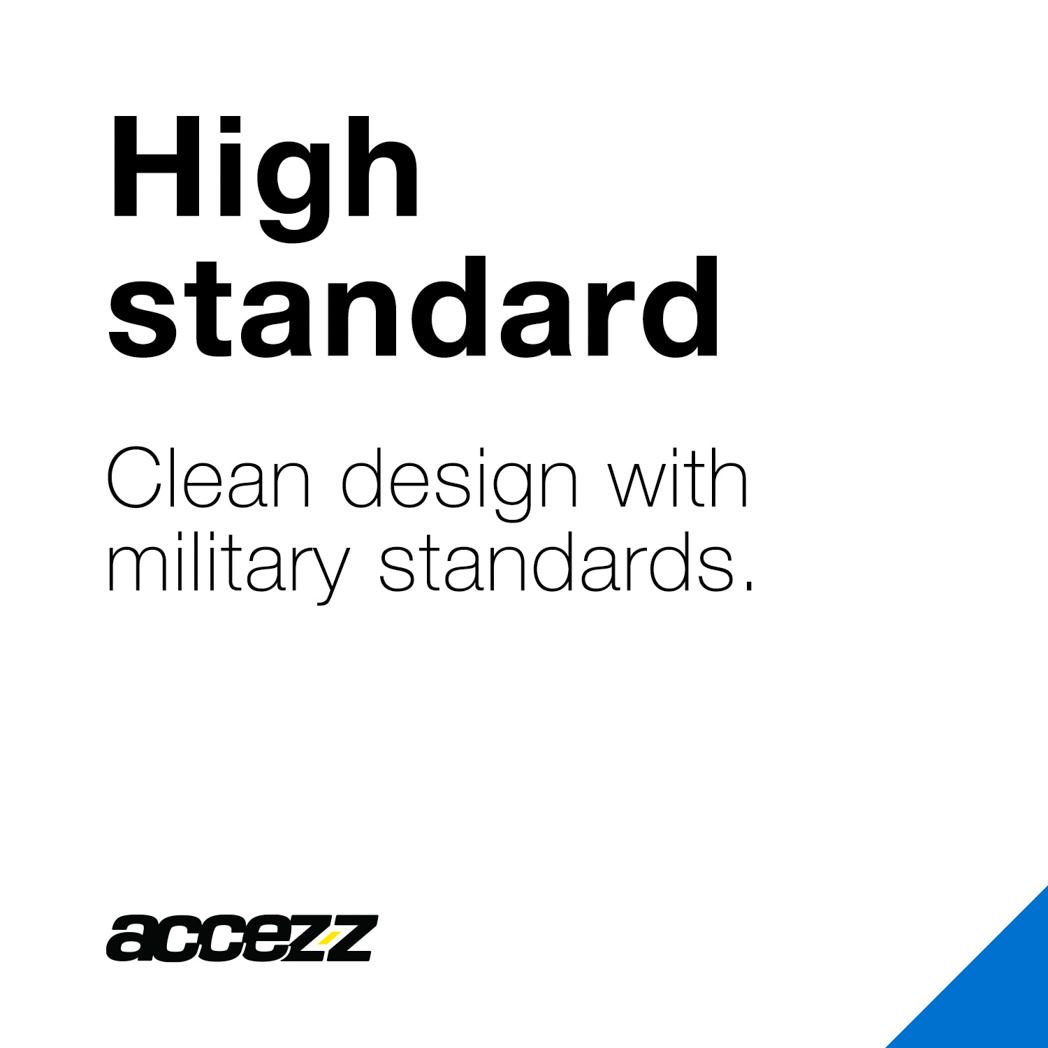 Texte : Haut standard. Design épuré aux normes militaires. Noir et blanc avec un accent bleu.