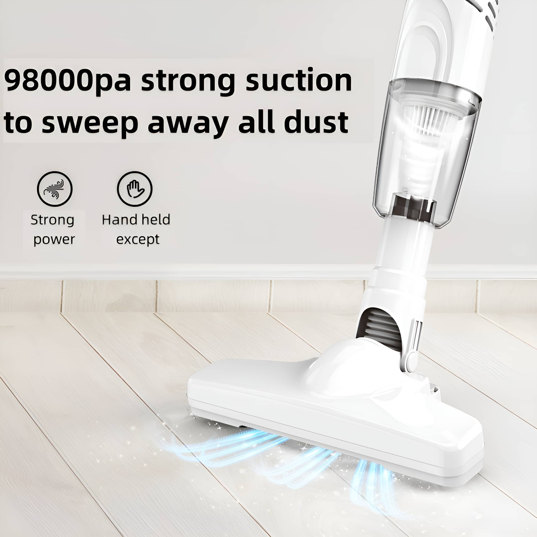 Ein weißer Staubsauger mit langem Hals. Text: 98000pa starke Saugkraft, um Staub zu entfernen.
