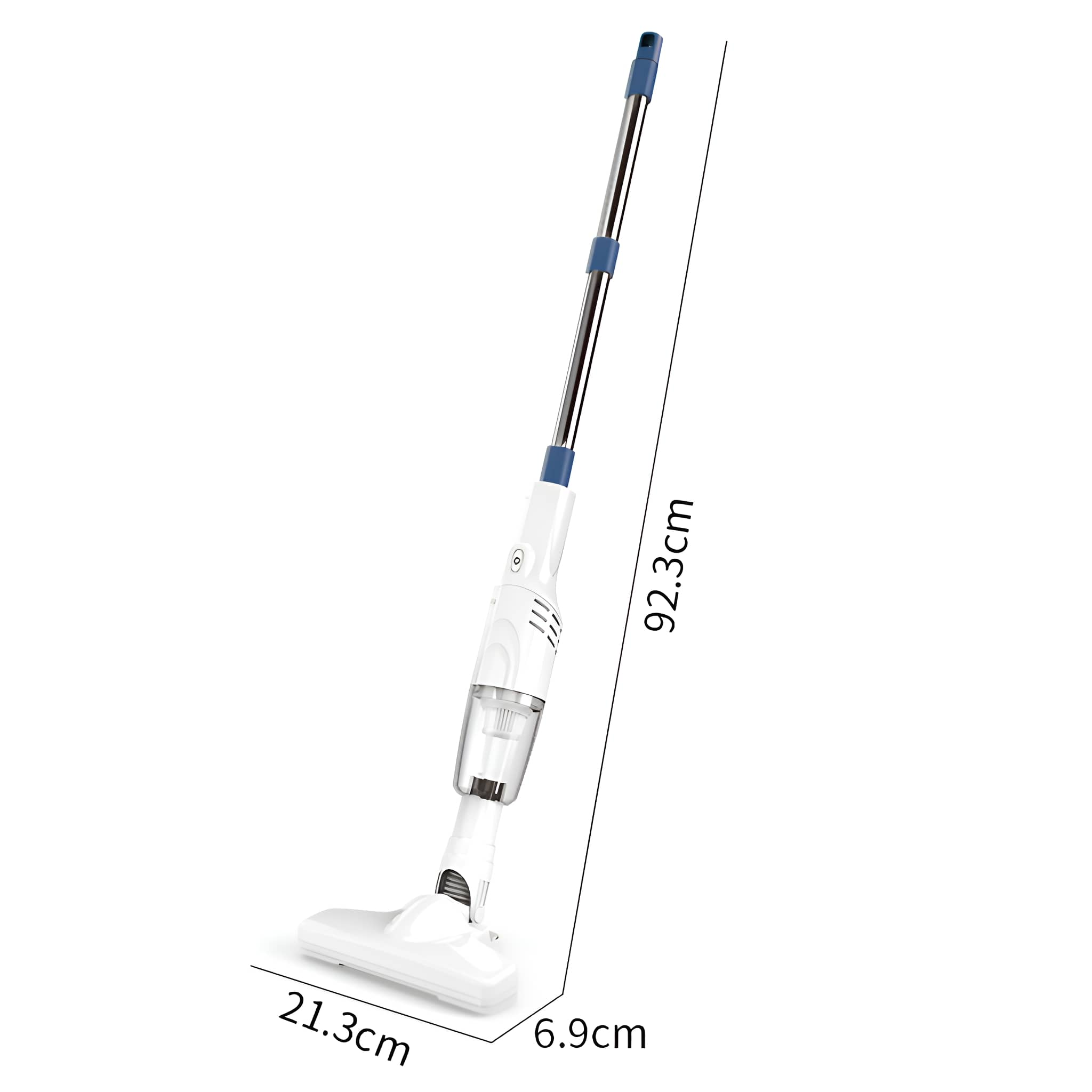Weißer und blauer kabelloser Staubsauger mit angegebenen Abmessungen und Maßen.
