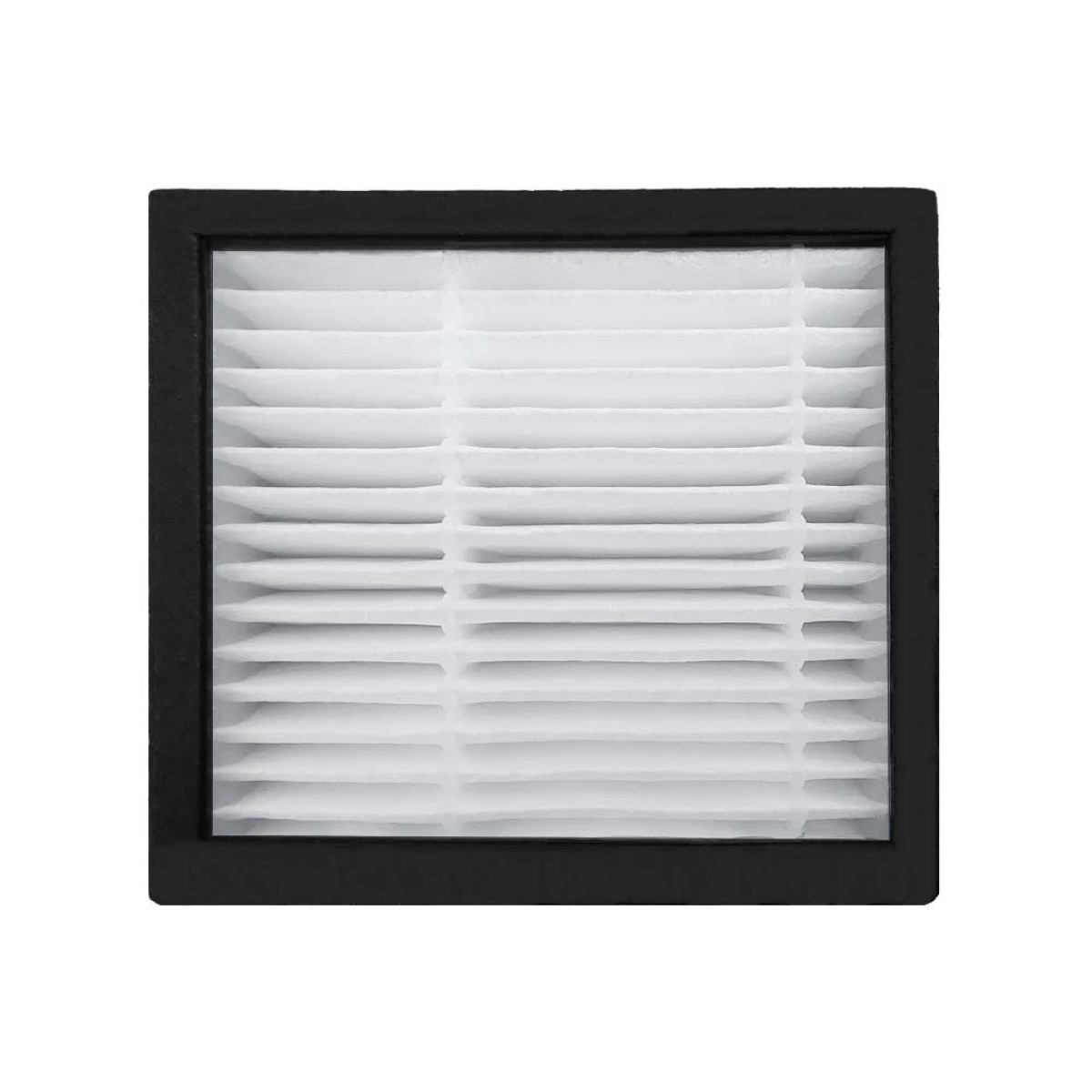 Biały filtr powietrza z czarną ramą, pokazujący warstwy materiału filtrującego.